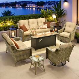 Ovios - 6 PCS Patio Furniture Set with 54" Fire Pit Table Comfy Loveseat with Swivel Chairs & Side Table - Beige