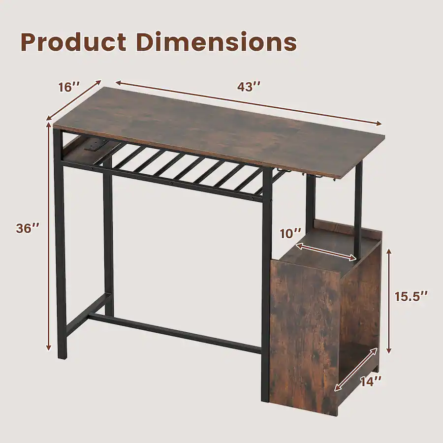 Gymax Rectangular Bar Table w/ Charging Station LED Light Wine Rack 2 ...