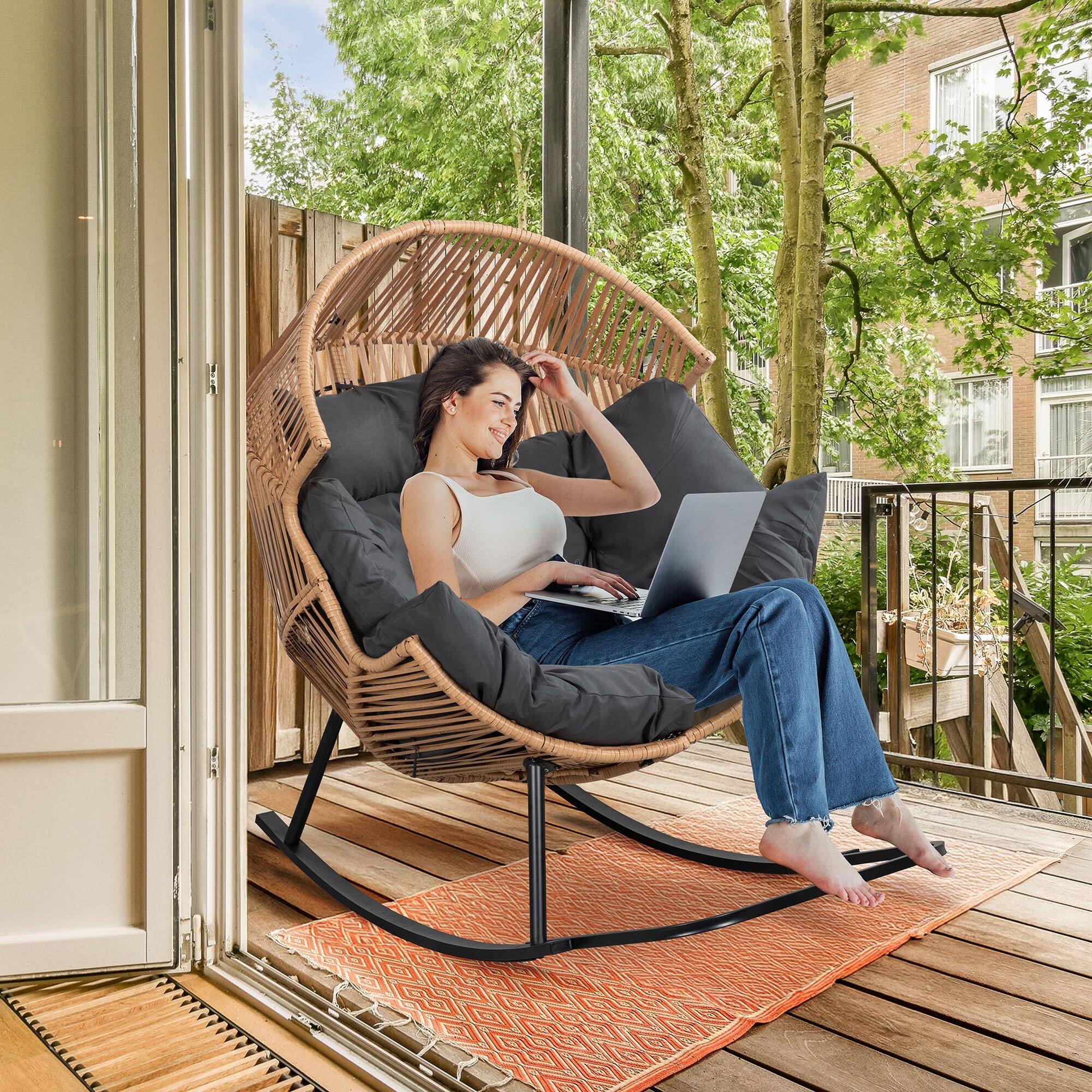 Alt View 4. Fabibe - Wicker Egg Chair,Oversized Outdoor Indoor Rocking Chair,Large PE Rattan Rocking Chair with Cushion for Patio,... - Default.