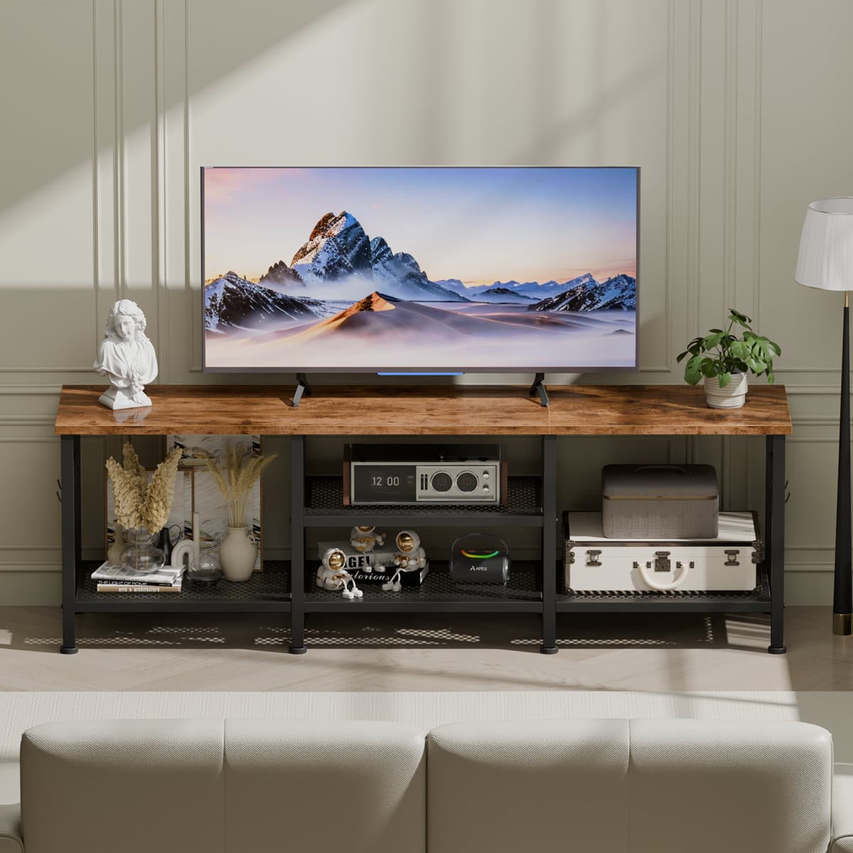 Furnulem - 55 In TV Stand Media Console Table Entertainment Center with Open Storage Shelves Soundbar Shelf for Living Room Decor - Brown