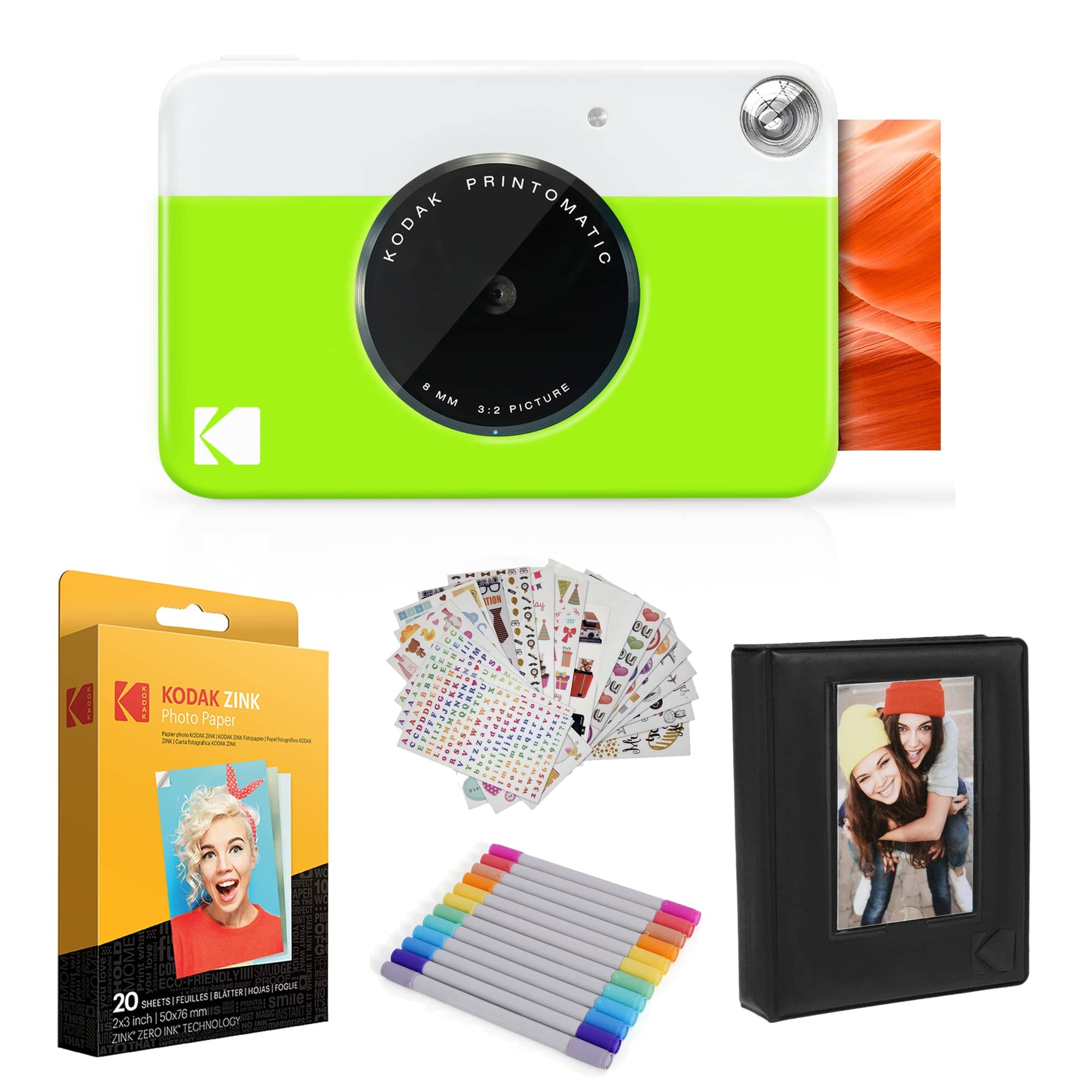 Kodak - Printomatic Instant Print Camera, Photo Paper (20 Sheets) & Accesories Gift Bundle - Green