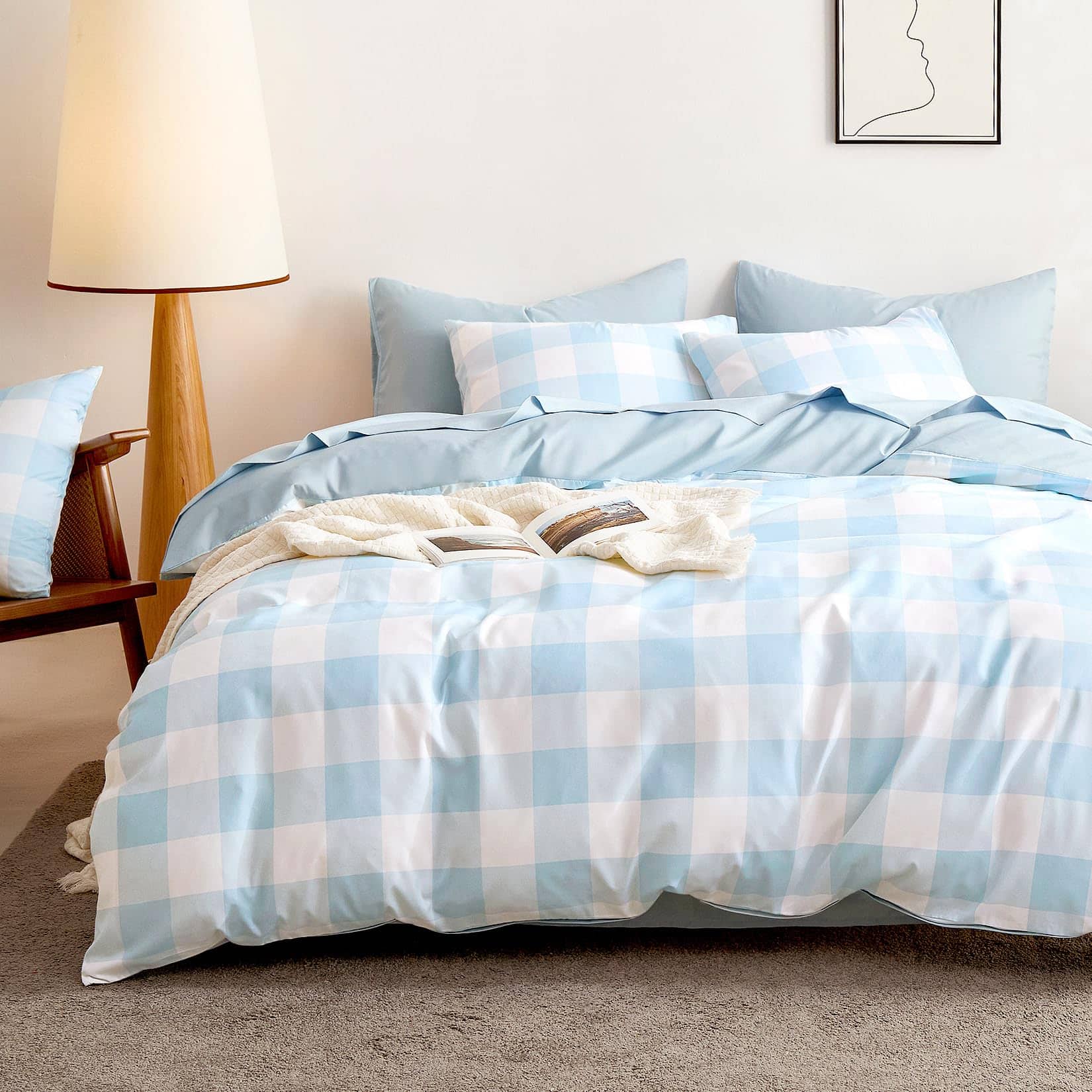NICHOLAS KLEIN - Gingham Comforter Set Plaid Check Checkered Cottagecore Cute Geometric Soft Lightweight Bedding Light Twi - Light Blue White Full