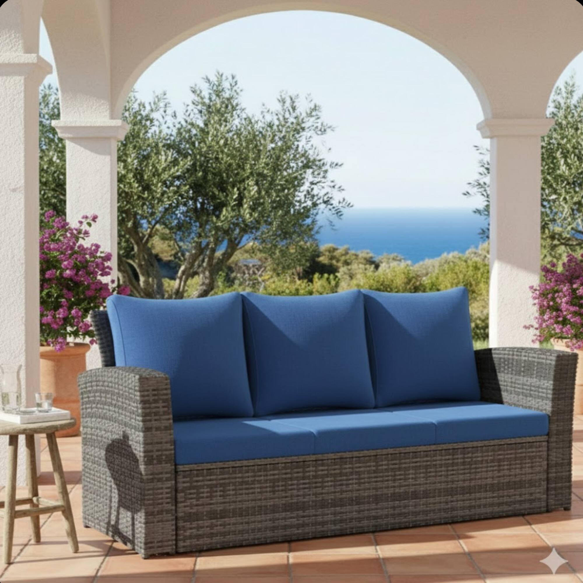 Angle. Mondawe - 67.7" All-Weather Wicker 3-Seat Patio Sofa with Thick Cushions & Black Frame - Blue.