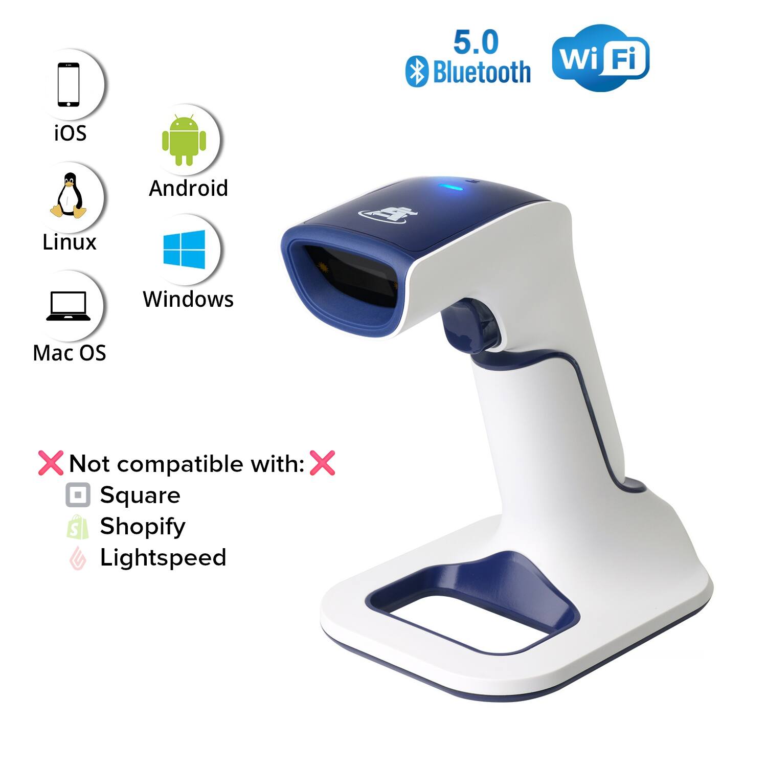 5.0 Wi-Fi Bluetooth iOS Linux Android 4 Windows Mac OS X Not compatible with: X Square Shopify Lightspeed