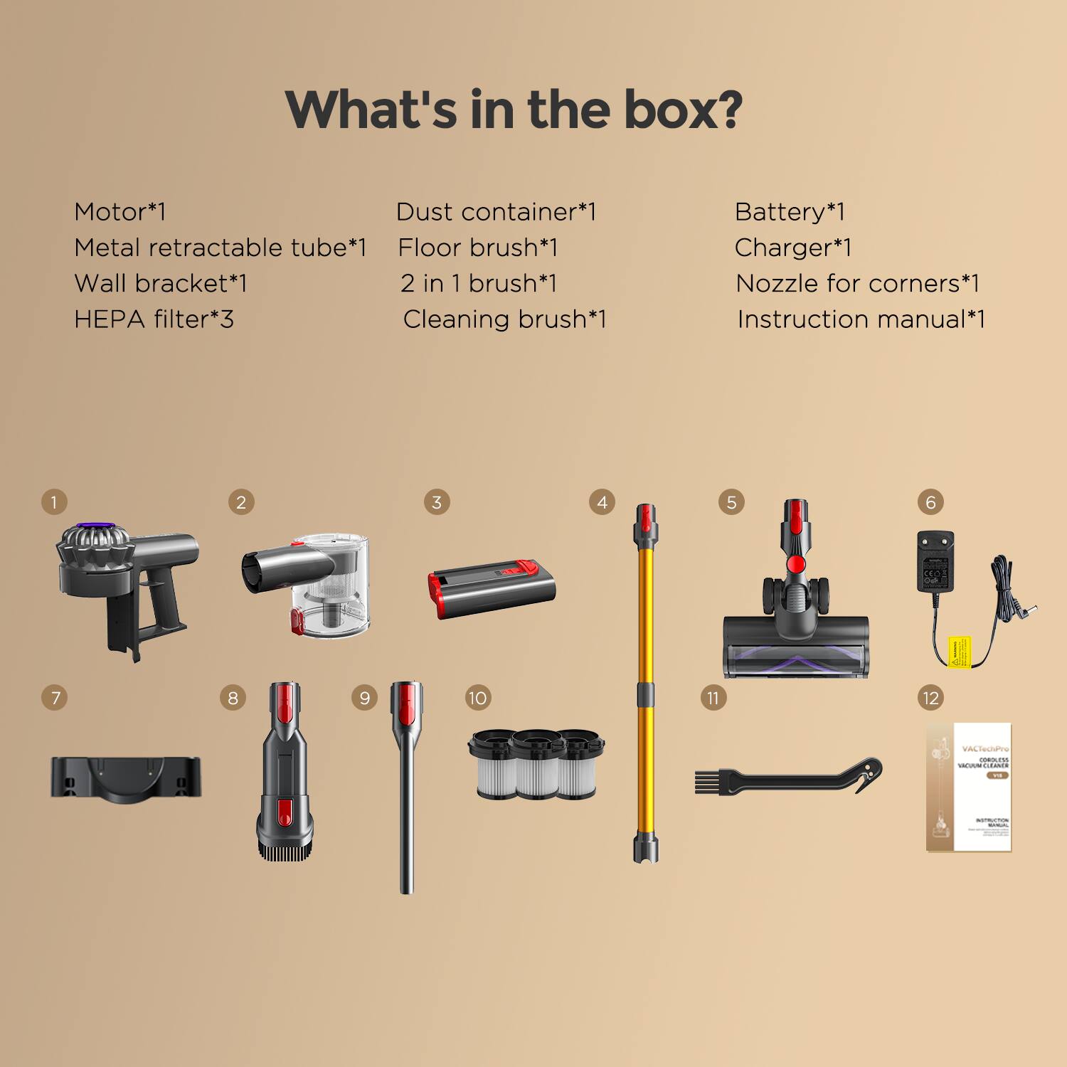 What's in the box?

Motor*1
Dust container*1
Metal retractable tube*1
Floor brush*1
Wall bracket*1
2 in 1 brush*1
HEPA filter*3
Cleaning brush*1
Battery*1
Charger*1
Nozzle for corners*1
Instruction manual*1

1 2 3 4 5 6 7 8 9 10 11 12