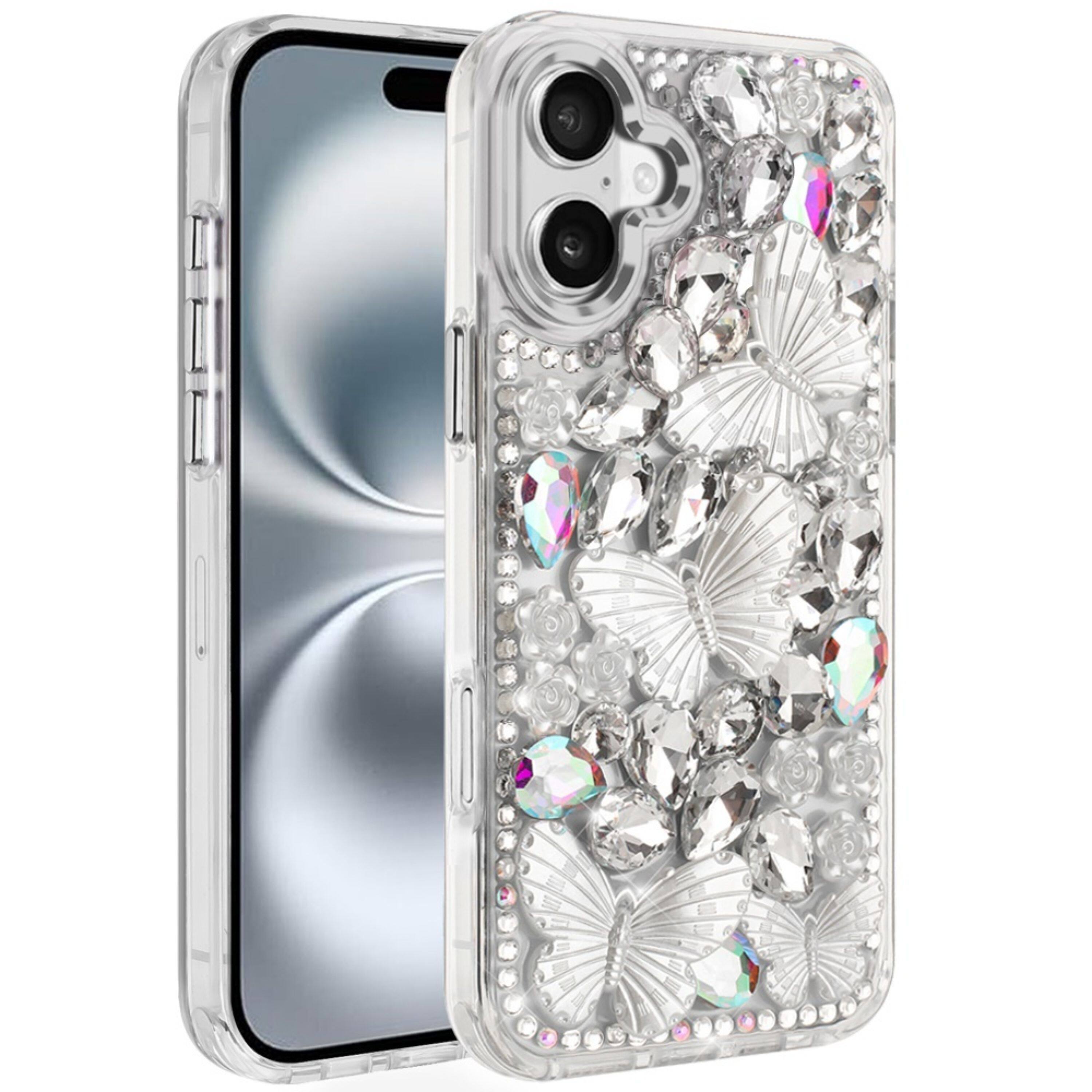 Front. Kitcheniva - Bling Diamond Large Butterflies Cover Plus Tempered Glass For iPhone 16 Silver - Silver.