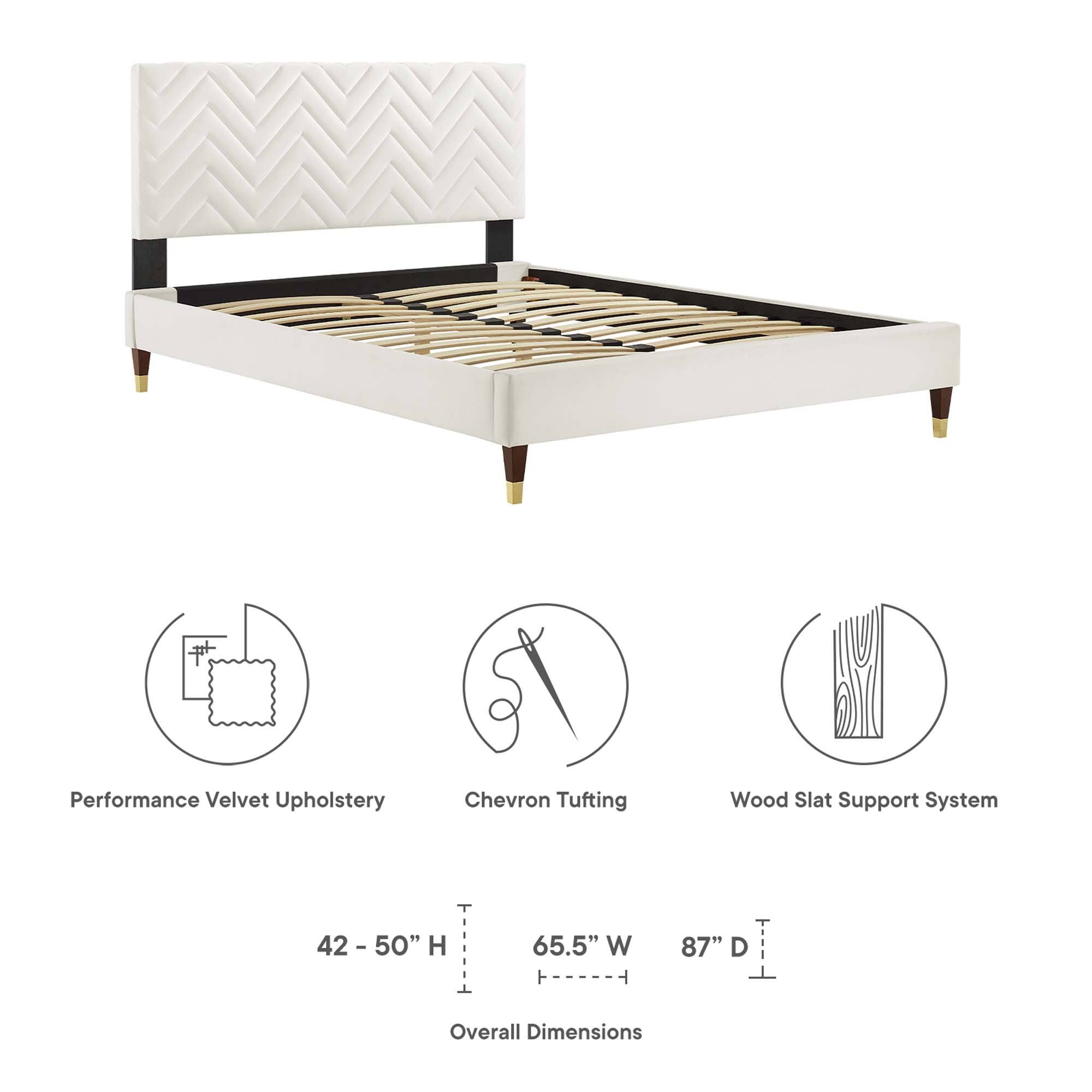 Performance Velvet Upholstery  
Chevron Tufting  
Wood Slat Support System  

Overall Dimensions:  
42 - 50" H  
65.5" W  
87" D