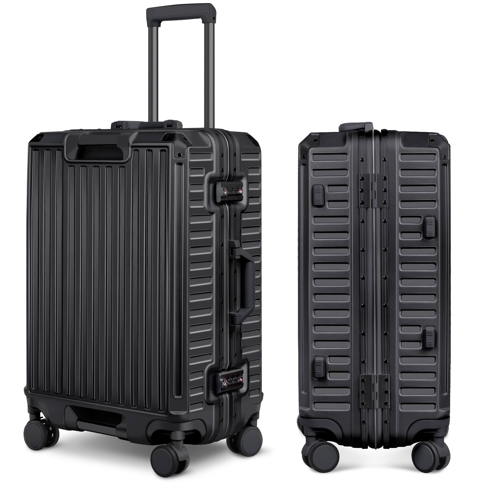 Left. Sugift - 28" Hardside Checked Luggage Aluminum Frame Lightweight Suitcase with Spinner Wheels, TSA Lock & Cup Holder - Black.