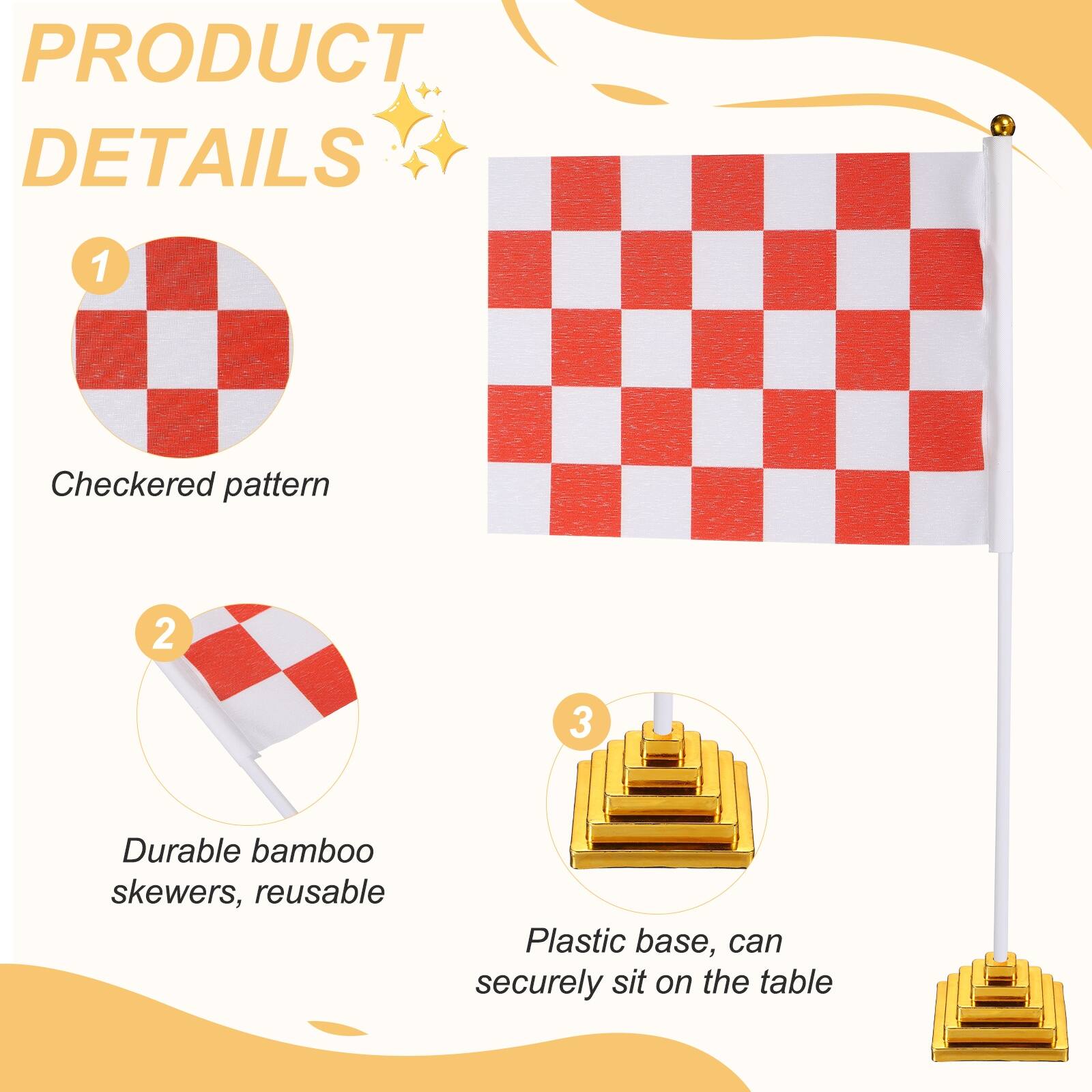 PRODUCT DETAILS

1. Checkered pattern

2. Durable bamboo skewers, reusable

3. Plastic base, can securely sit on the table