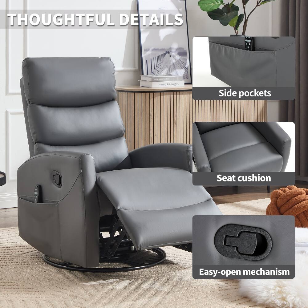 Ropilly Grey Massage Recliner Chair 360 Degree Swivel Rocker Gray ...