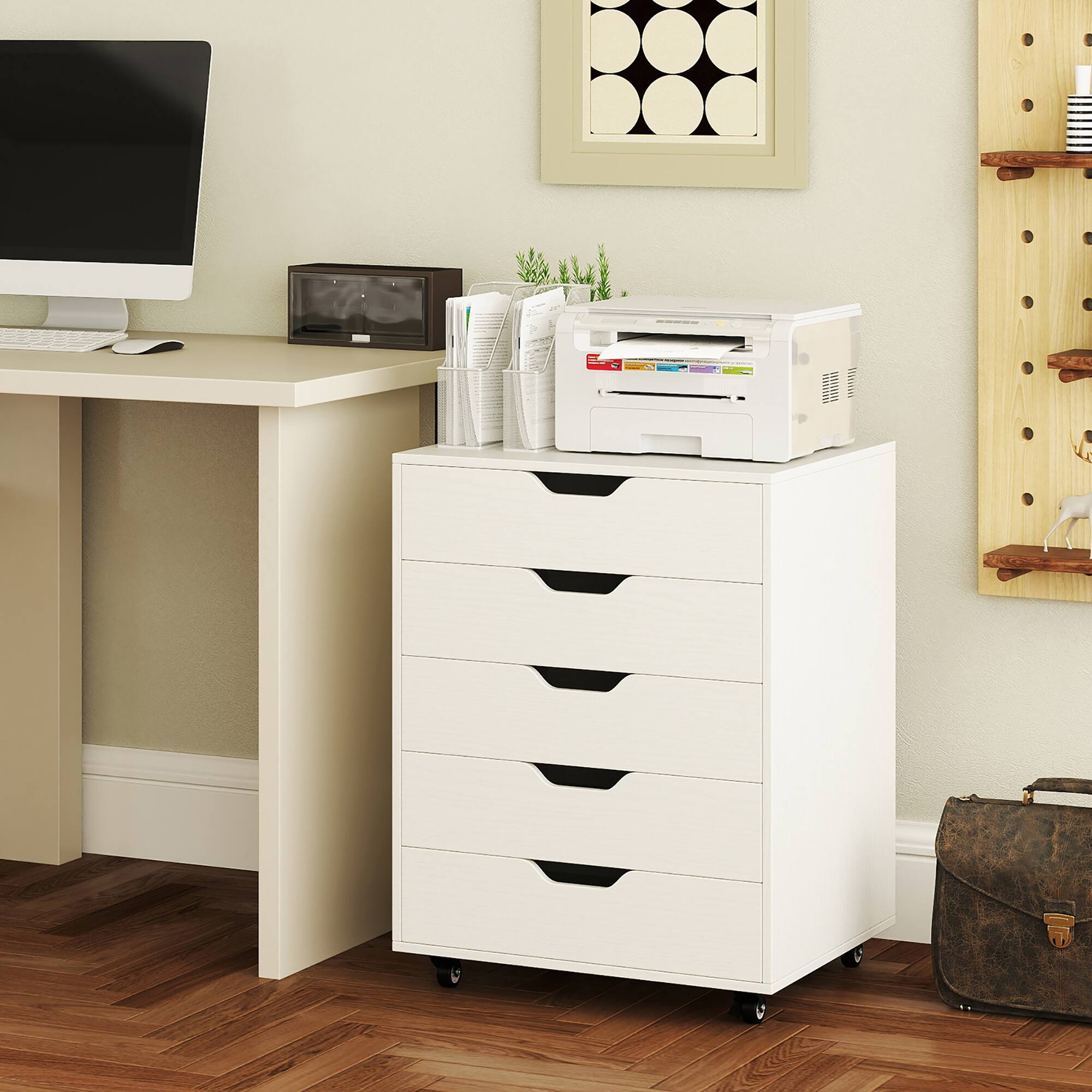 Alt View 3. Gymax - Gymax Lateral File Cabinet w/ Wheels 5-Drawer Dresser Modern Chest of Drawers - White.