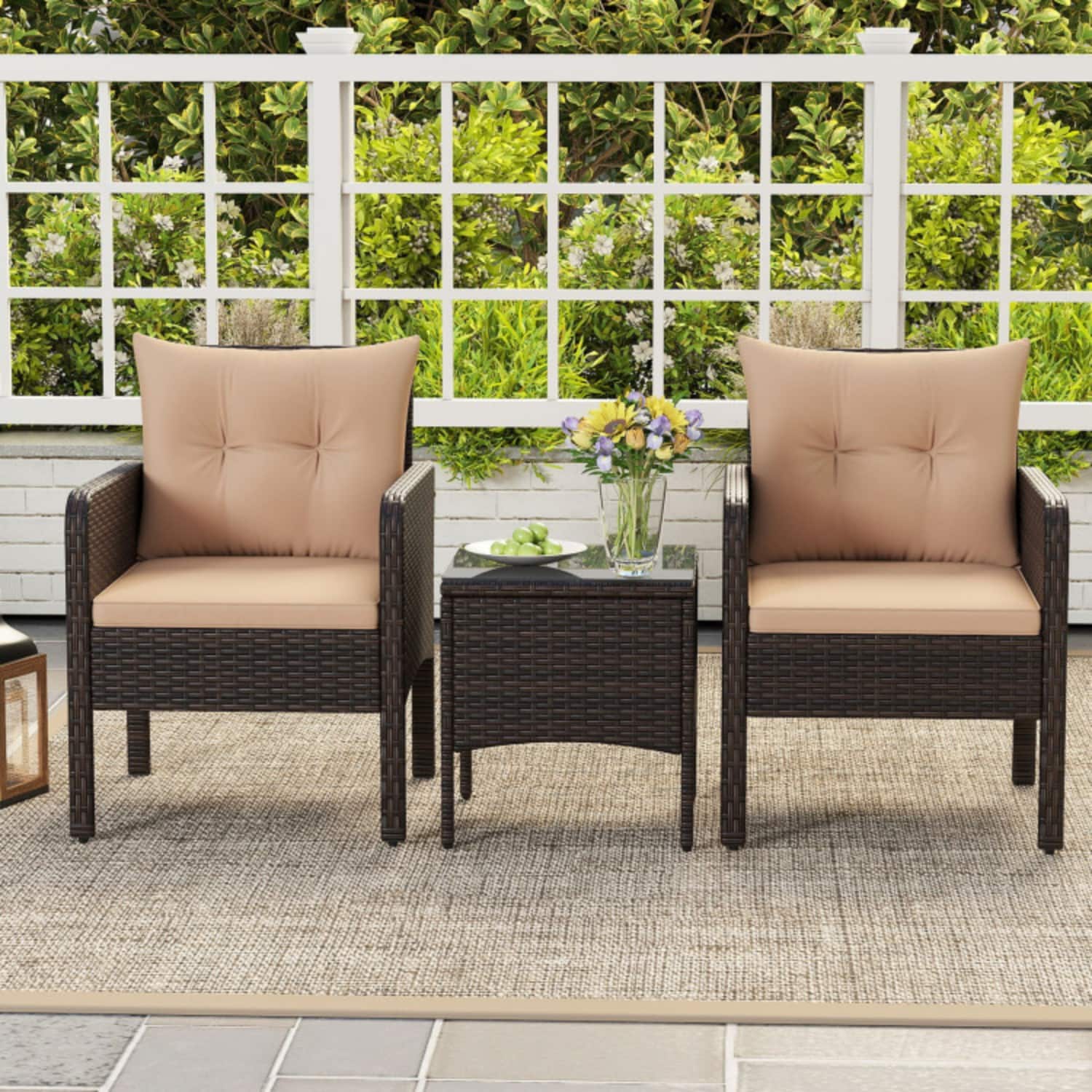 Photos - Garden Furniture Mondawe - Compact Freestanding Patio PE Wicker Set with Cushions 2 Chairs & Table 3-Piece - Mix Brown+Beige MO-HYA175U1BN