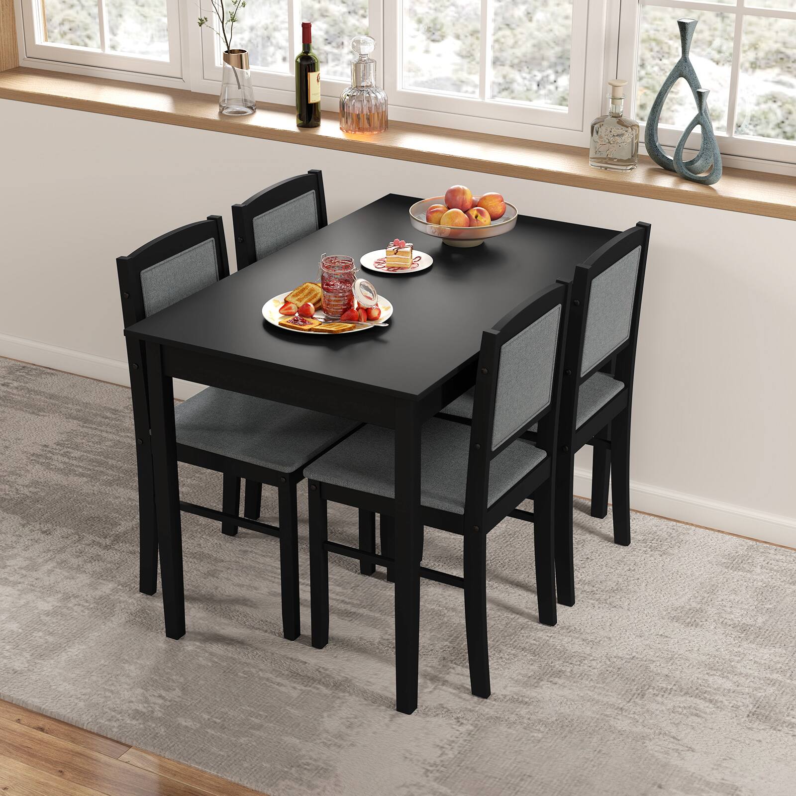 Alt View 3. Costway - Costway 5 PCS Dining Table Set for 4 with Rubber Wood Legs Upholstered Seat Padded Backrest - Gray.