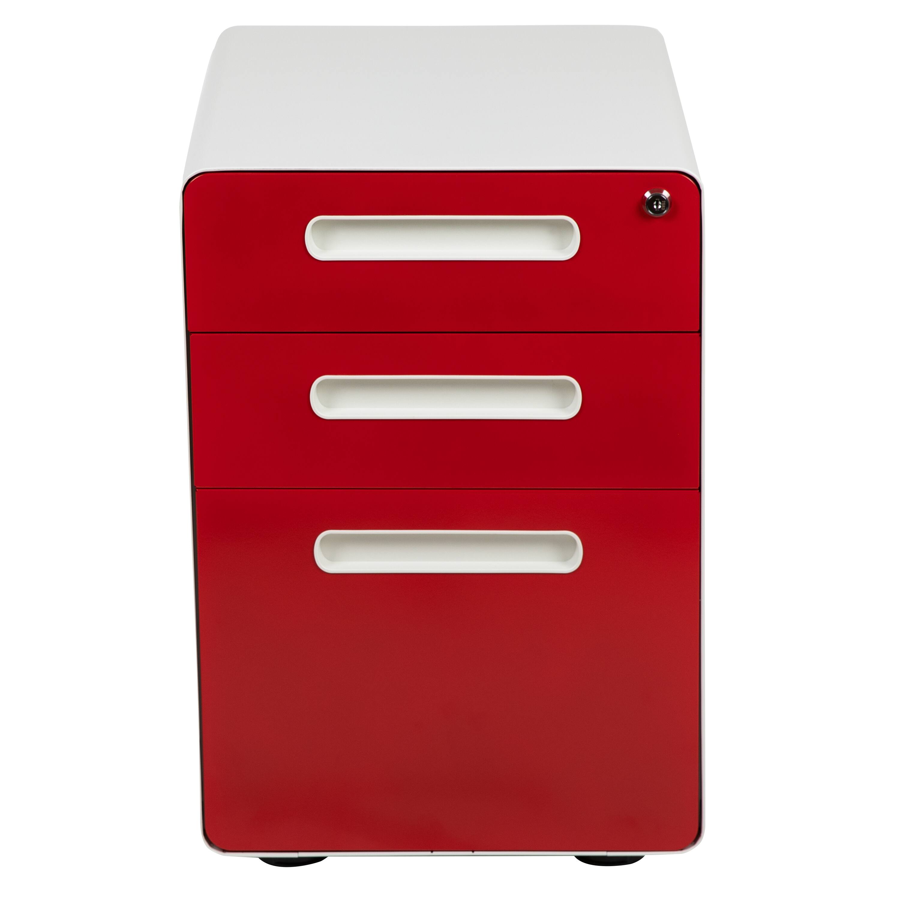 Alt View 7. Emma + Oliver - Ergonomic 3-Drawer Mobile Locking Filing Cabinet Storage Organizer - White and Red.