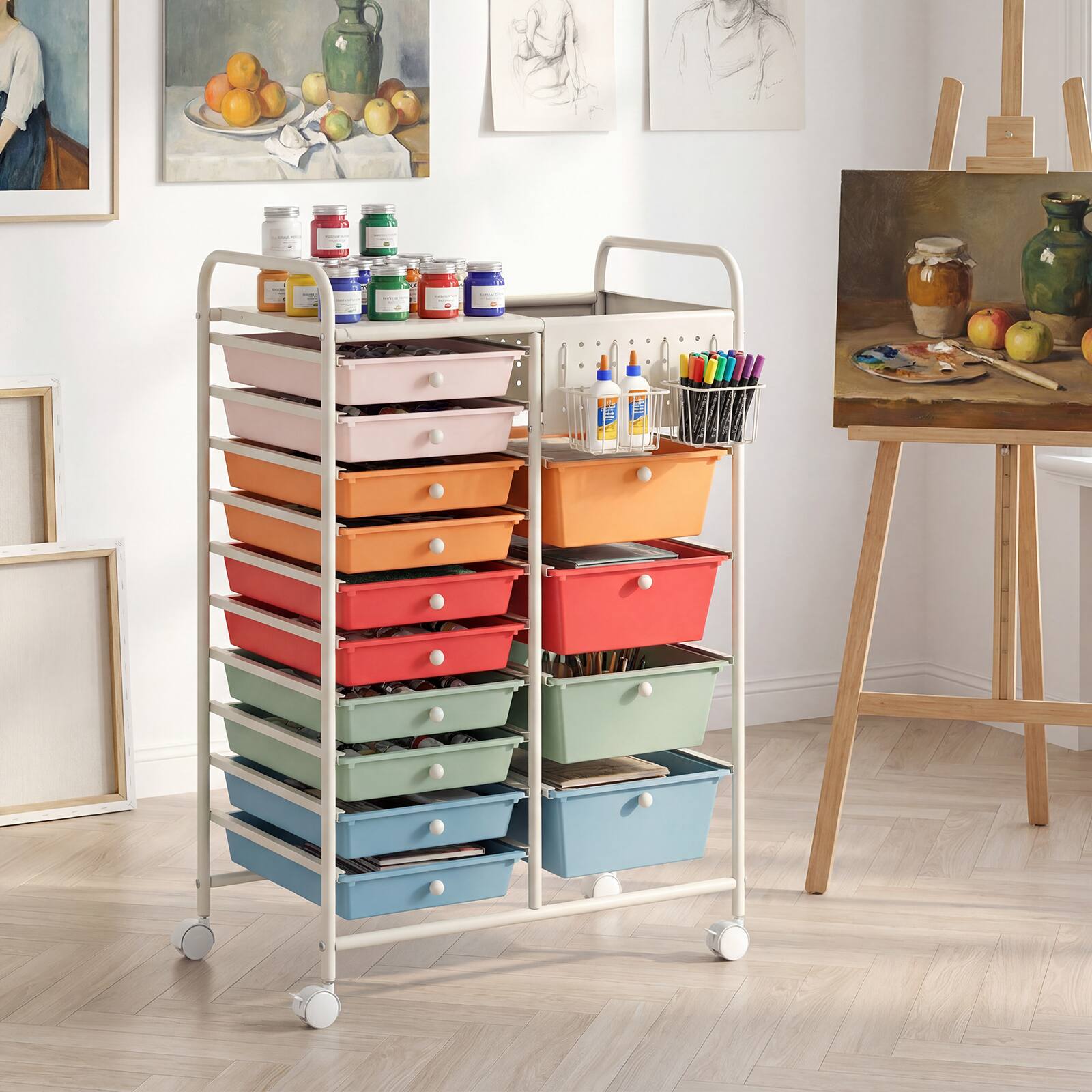 Alt View 1. Costway - Costway 14-Drawer Art & Craft Storage Carts with Pegboard, 2 Locking Brakes, Metal Frame for Home - Macaron+White.