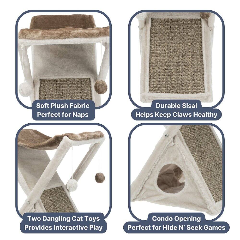 Soft Plush Fabric Perfect for Naps  
Durable Sisal Helps Keep Claws Healthy  
Two Dangling Cat Toys Provides Interactive Play  
Condo Opening Perfect for Hide N' Seek Games