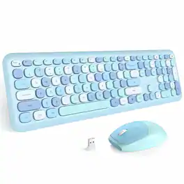 PRIMEPLUS - Keyboard Mouse Combo Wireless 2.4G Mixed Color 110 Key Keyboard Mouse Set with Round Punk Keycaps - Blue
