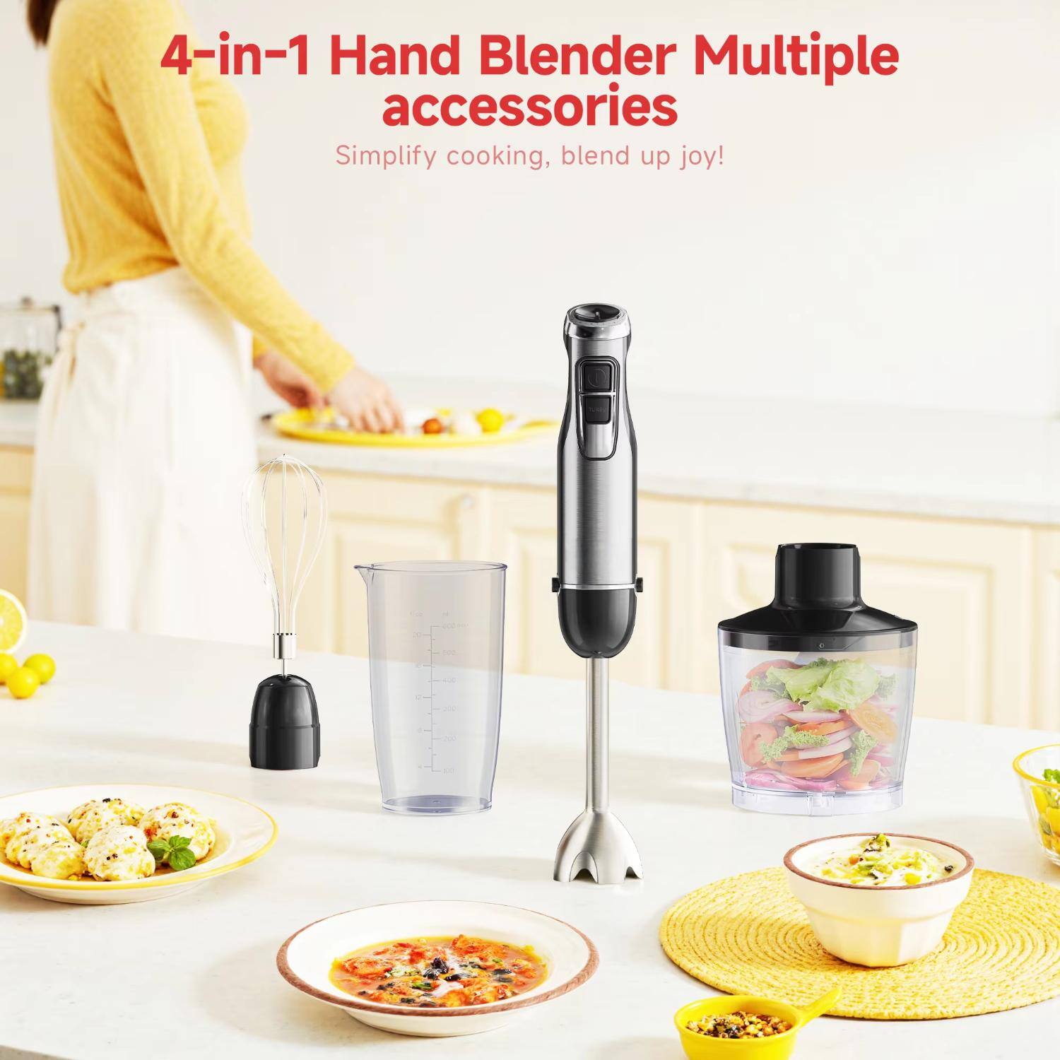 4-in-1 Hand Blender Multiple accessories  
Simplify cooking, blend up joy!