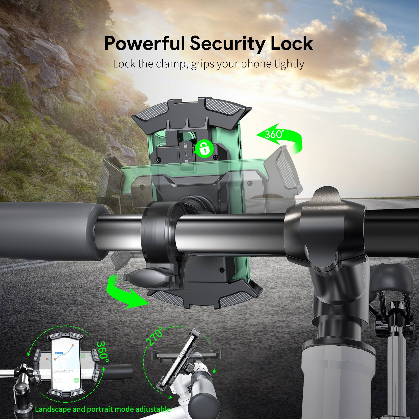 Powerful Security Lock | Lock the clamp, grips your phone tightly | 360° | 360° 270° | Landscape and portrait mode adjustable