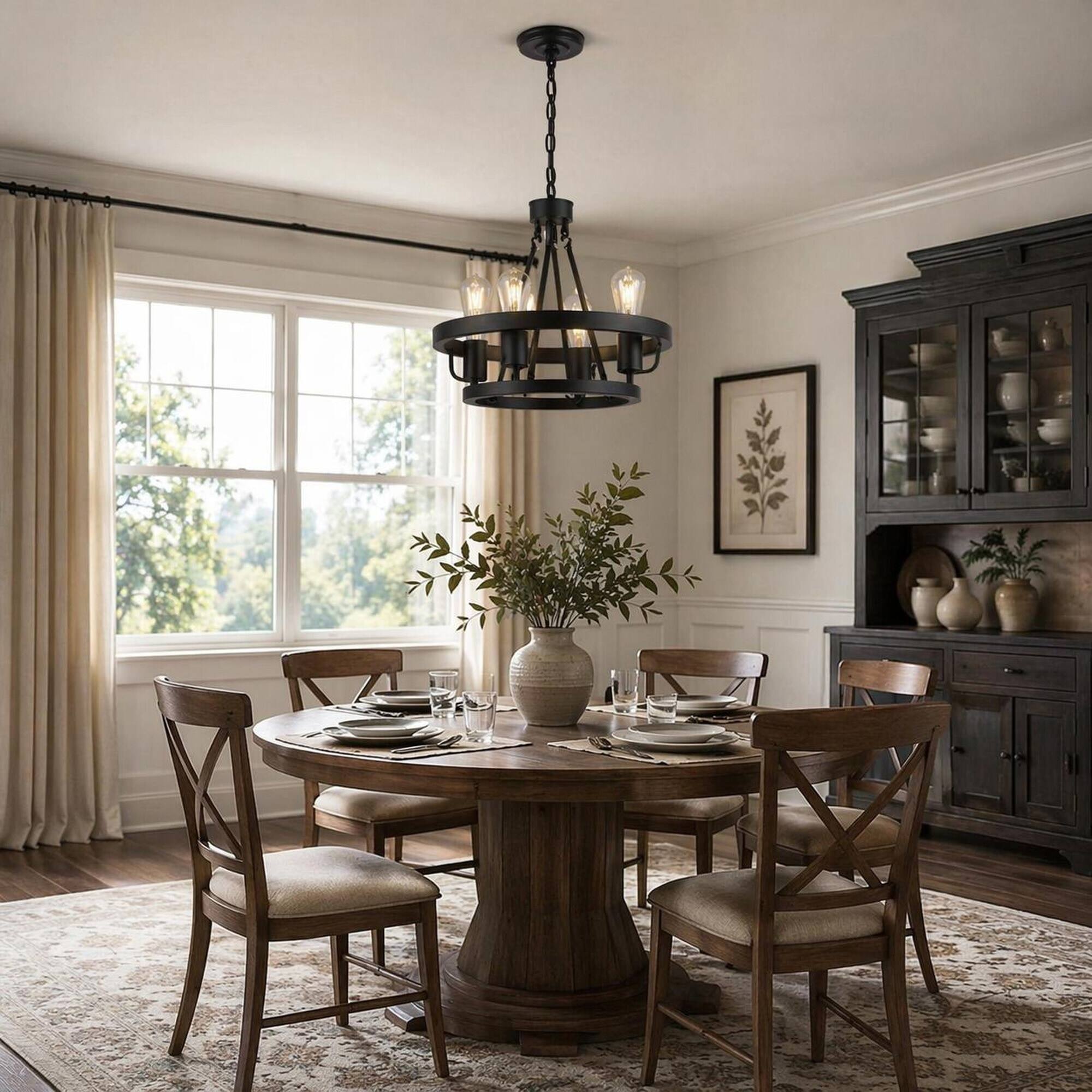 Left. RYHNUYNE - 4-Light Plug-In Pendant Light with 39.5-Foot Chain, Black Wagon Wheel Industrial Metal Shade, Adjustable Hanging.