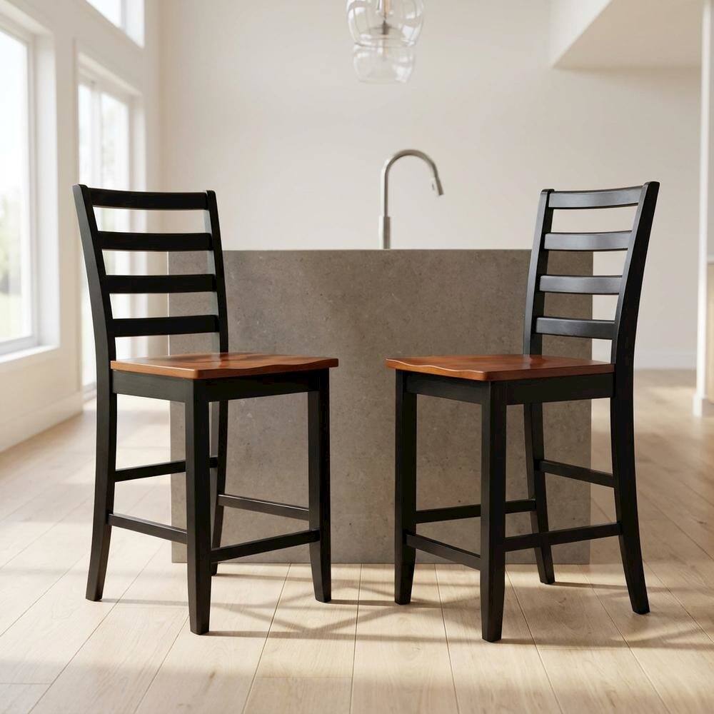 Alt View 2. FurniFact - Solid Wood Counter Height Bar Stools - Black & Cherry.