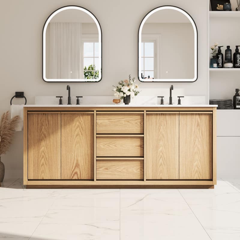 WELLFOR - 80 in Soild Wood Bathroom Vanity with Double Undermount Sink ,3 Soft-Close Drawers & 4 Soft-Close Doors - Oak