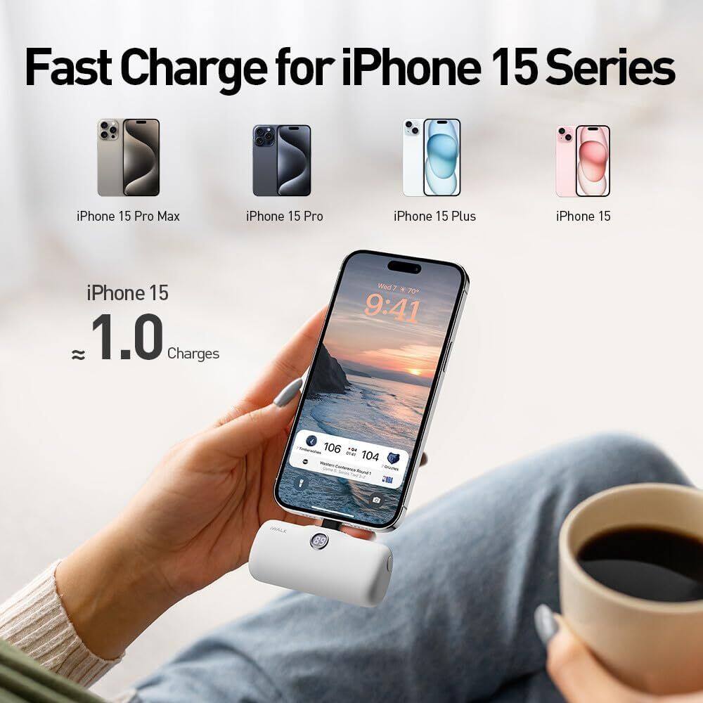 Fast Charge for iPhone 15 Series

iPhone 15 Pro Max  
iPhone 15 Pro  
iPhone 15 Plus  
iPhone 15  

iPhone 15  
≈ 1.0 Charges  

Wed 7 * 70°  
9:41  

106  
104  

1M4  
mas  
89