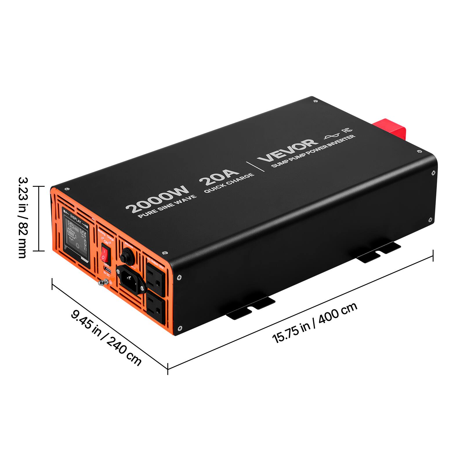 3.23 in / 82 mm

FC VEVOR PUMP POWER INVERTER POWER SUMP 20A QUICK CHARGE 2000W SINE WAVE PURE

9.45 in / 240 cm

400 cm in / 15.75