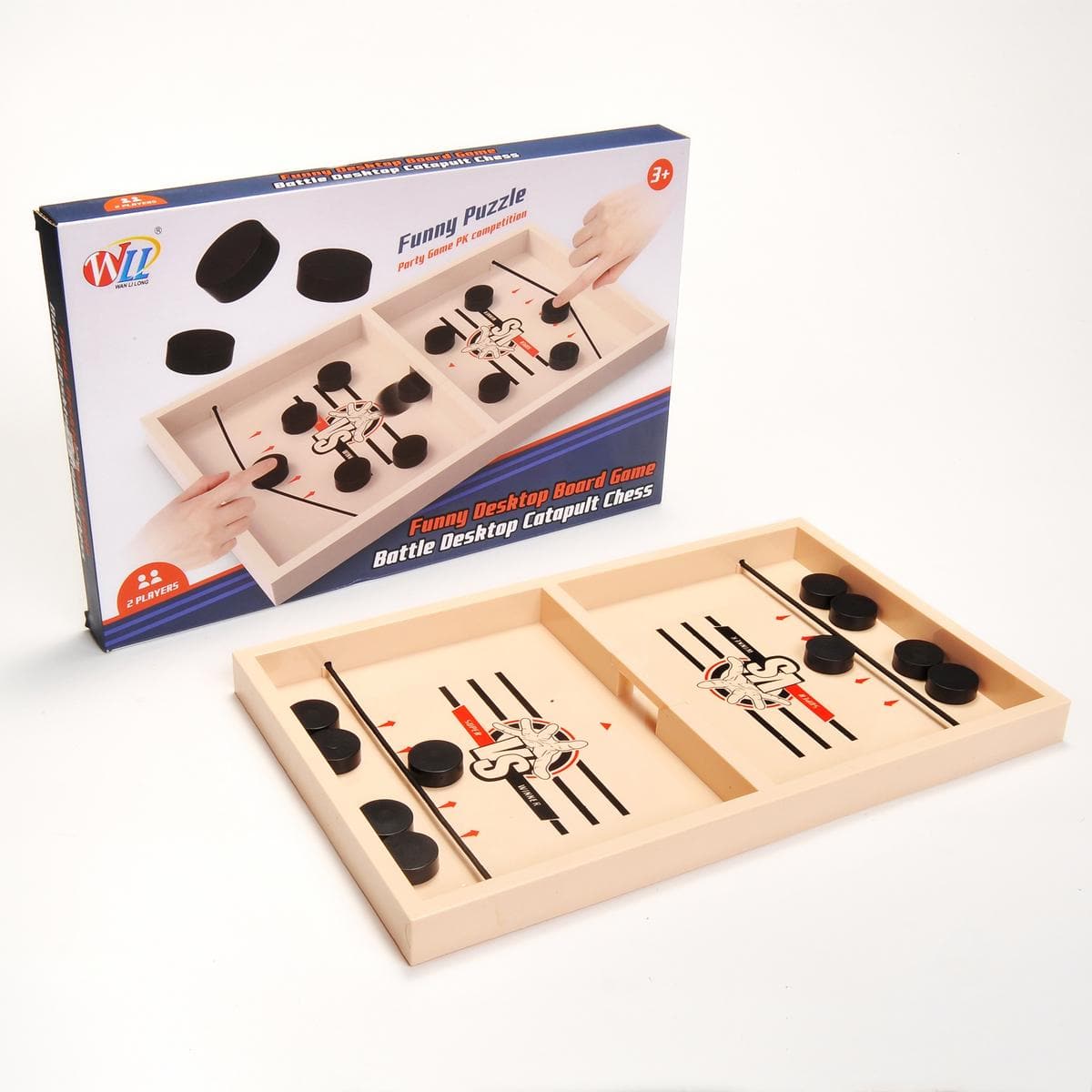 JuzToys - 13.5" Sling Puck Game, Table Board Game, Desktop Tabletop Party Games - Brown