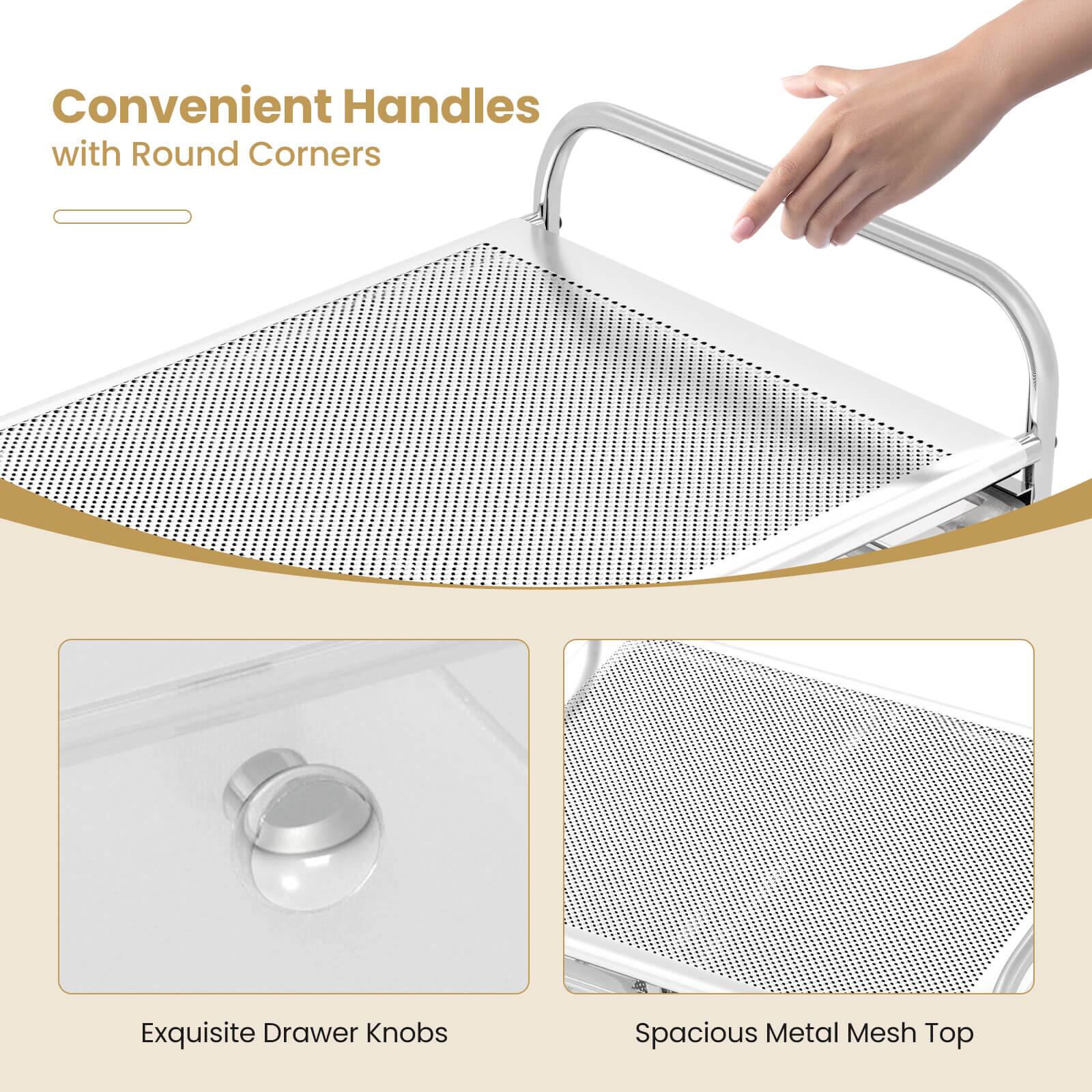 Convenient Handles with Round Corners  
Exquisite Drawer Knobs  
Spacious Metal Mesh Top