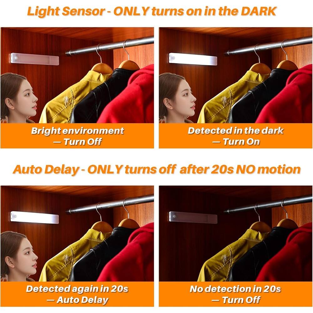 Light Sensor - ONLY turns on in the DARK

- Bright environment — Turn Off
- Detected in the dark — Turn On

Auto Delay - ONLY turns off after 20s NO motion

- Detected again in 20s — Auto Delay
- No detection in 20s — Turn Off