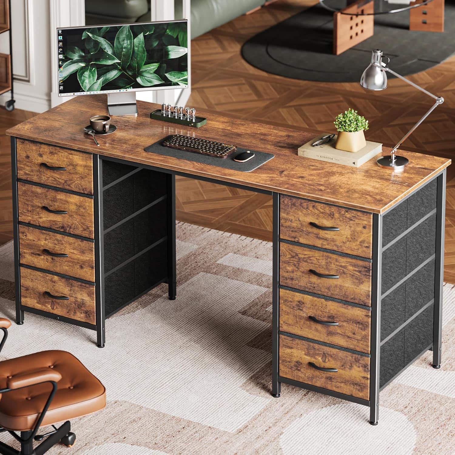 Zell Electronics - 55 Inch DeskEight Fabric Drawers for Home Office, Study, or Gaming, Large Storage Space - Rustic Brown
