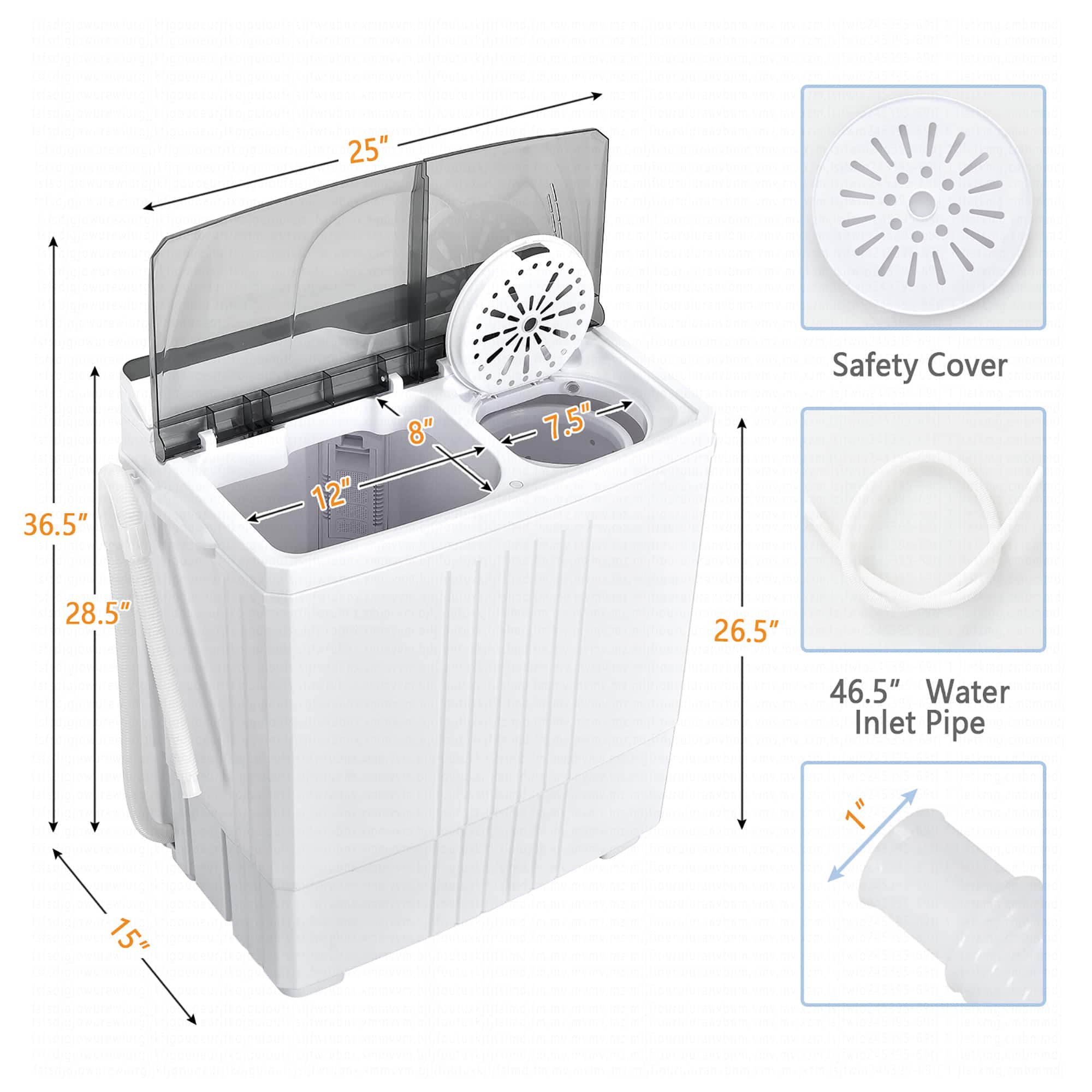 The text on the image is grouped and corrected as follows:
1. 25" 36.5" 12" 8" . 7.5" Safety Cover
2. 28.5" 26.5" 46.5" Water Inlet Pipe
3. 15"