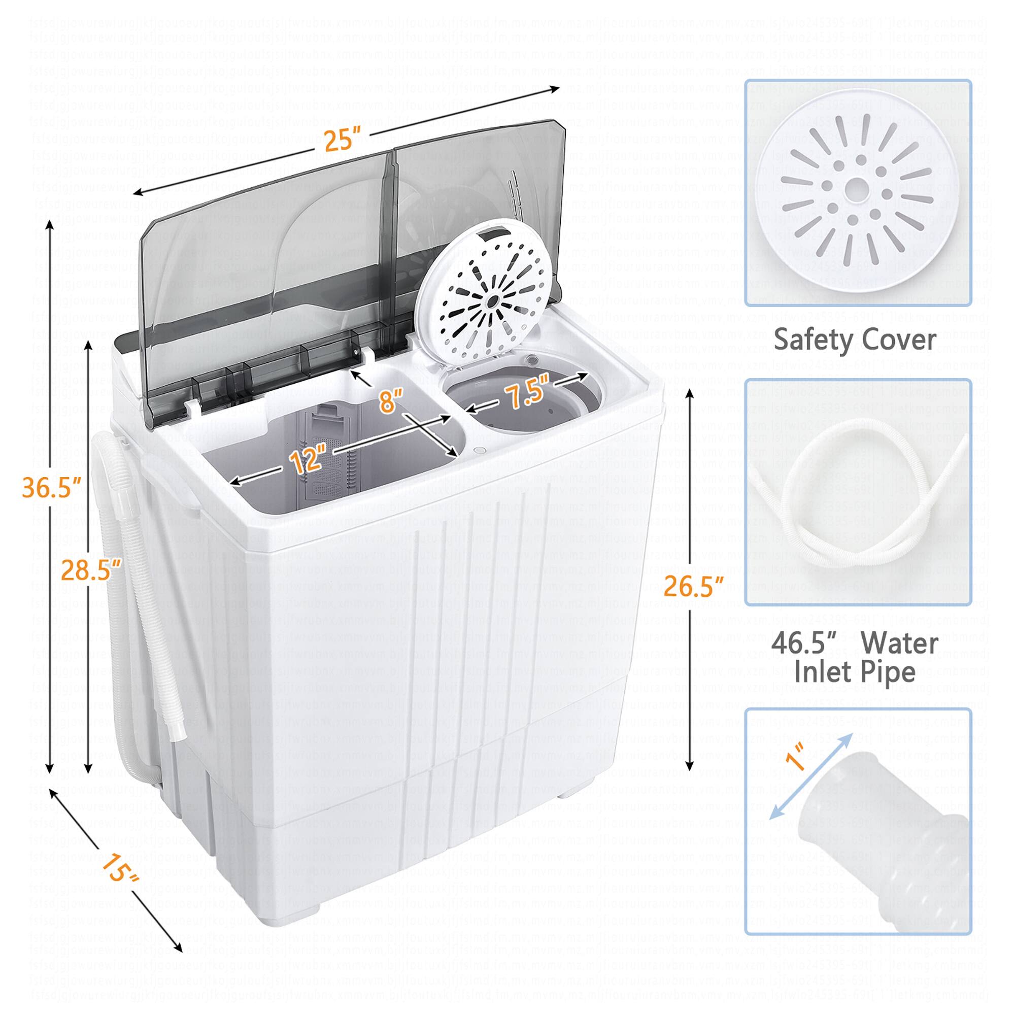The text on the image is grouped and corrected as follows:

1. 25" 36.5" 12" 8" . 7.5" Safety Cover
2. 28.5" 26.5" 46.5" Water Inlet Pipe
3. 15"