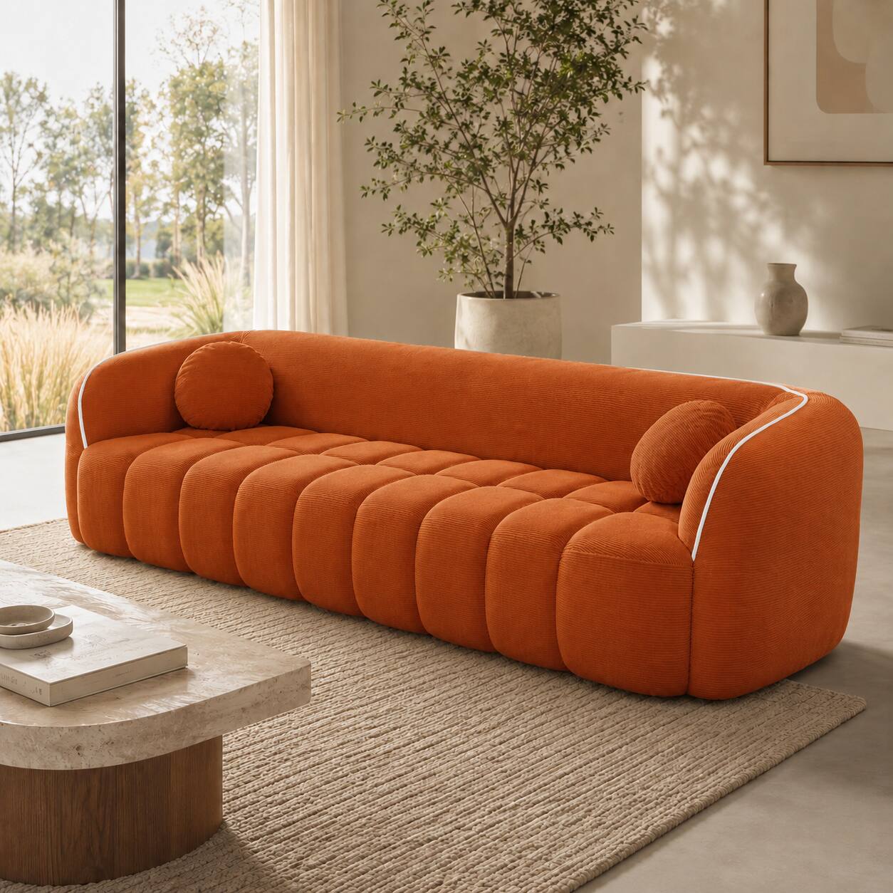 Angle. Anysun - 98.4" Modern Compressed Sofa – Cloud Couch 3-Seater Corduroy Channel Tufted Couch with 2 Pillows, No Assembly Required - Orange.