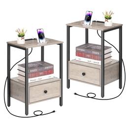 Oumilen - End Table with Built-In Charging Station & Wood Drawer (Set of 2) - Gray