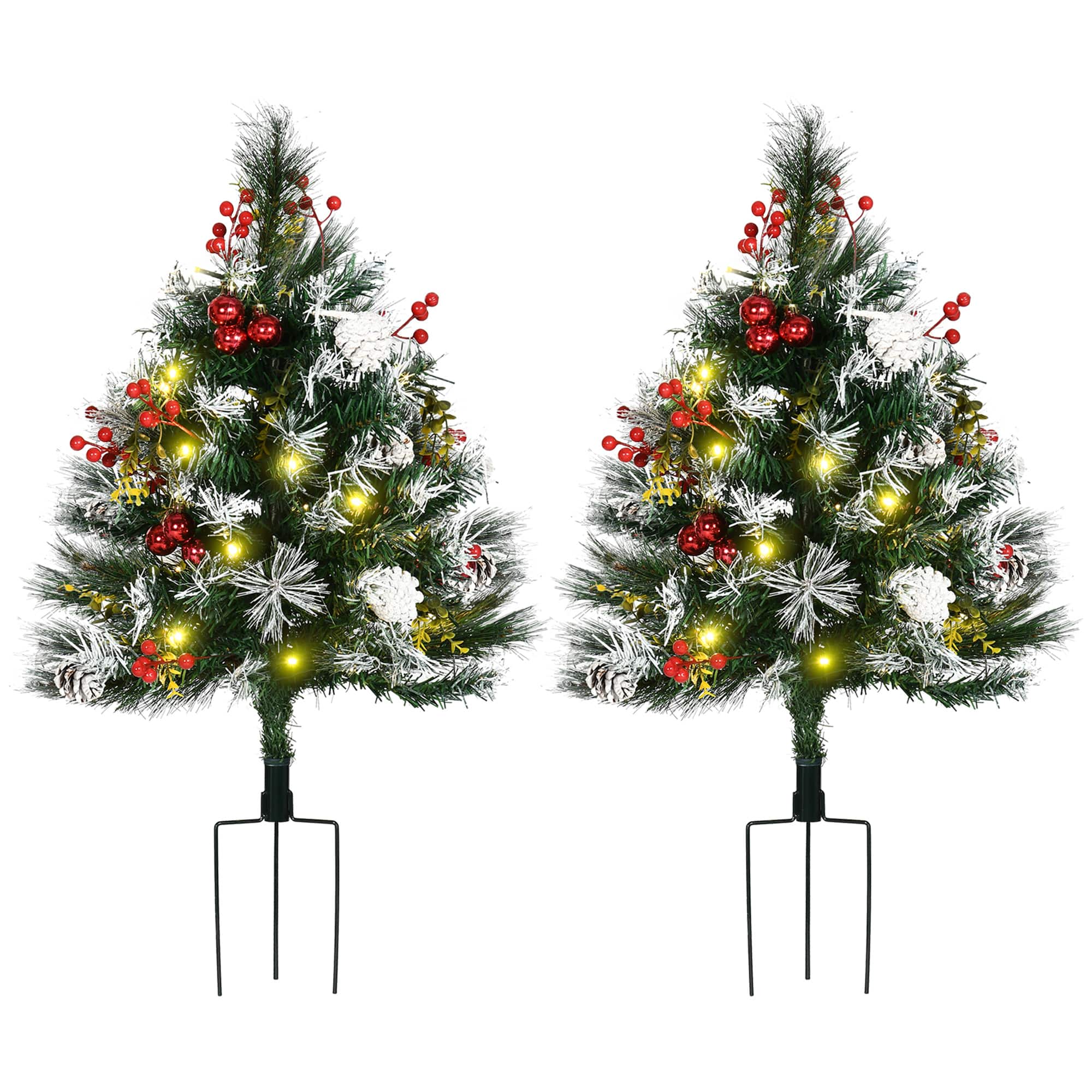 Homcom - 2 Pack 2.5ft Prelit Outdoor Artificial Christmas Trees, Pine Cones Berries LED Lights - Green