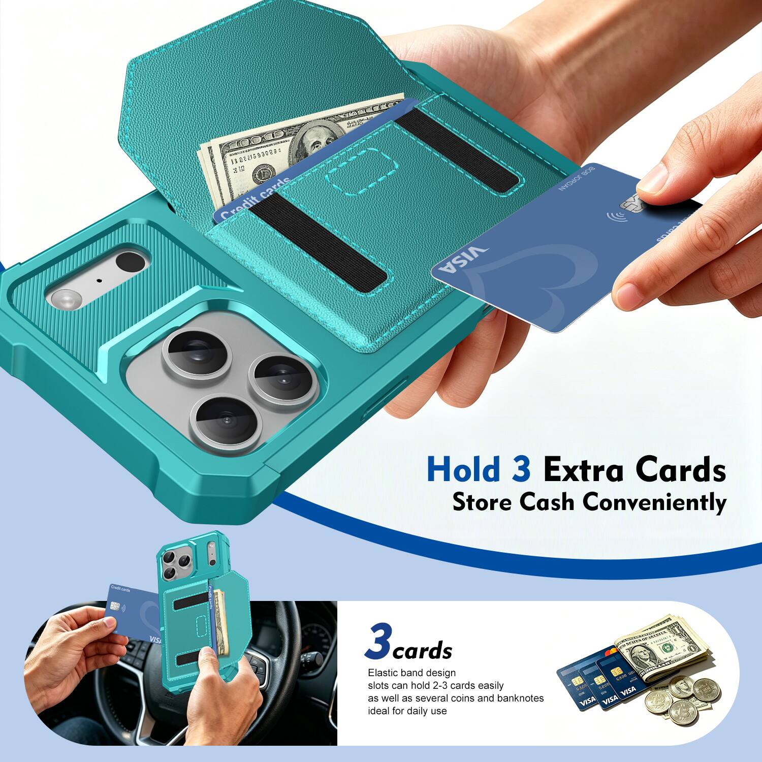 Hold 3 Extra Cards  
Store Cash Conveniently  

3 cards  
Elastic band design slots can hold 2-3 cards easily as well as several coins and banknotes ideal for daily use  

VISA VISA VISA