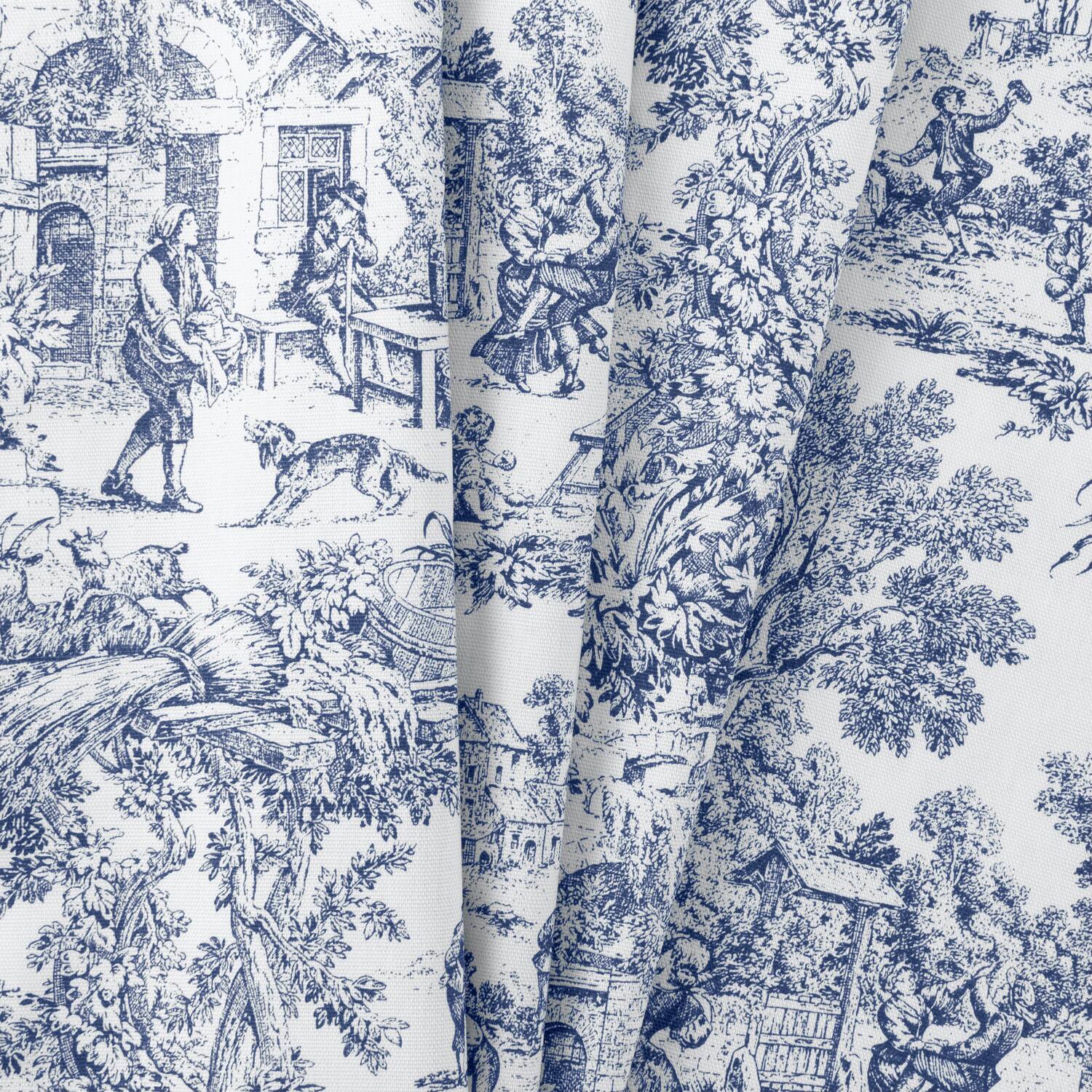 Left. Ellis Curtain - ELLIS 100% Cotton Victoria Park Toile Bradford Shaped Valance With Print over Solid 70" x 15" Blue - Blue.
