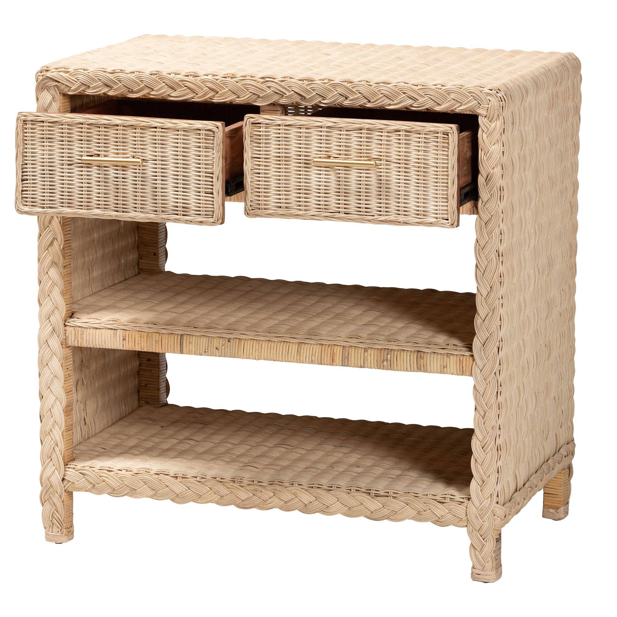 Angle. bali & pari - Lanica Japandi Sun Bleached Rattan 2-Drawer Console Table - Pale Brown.