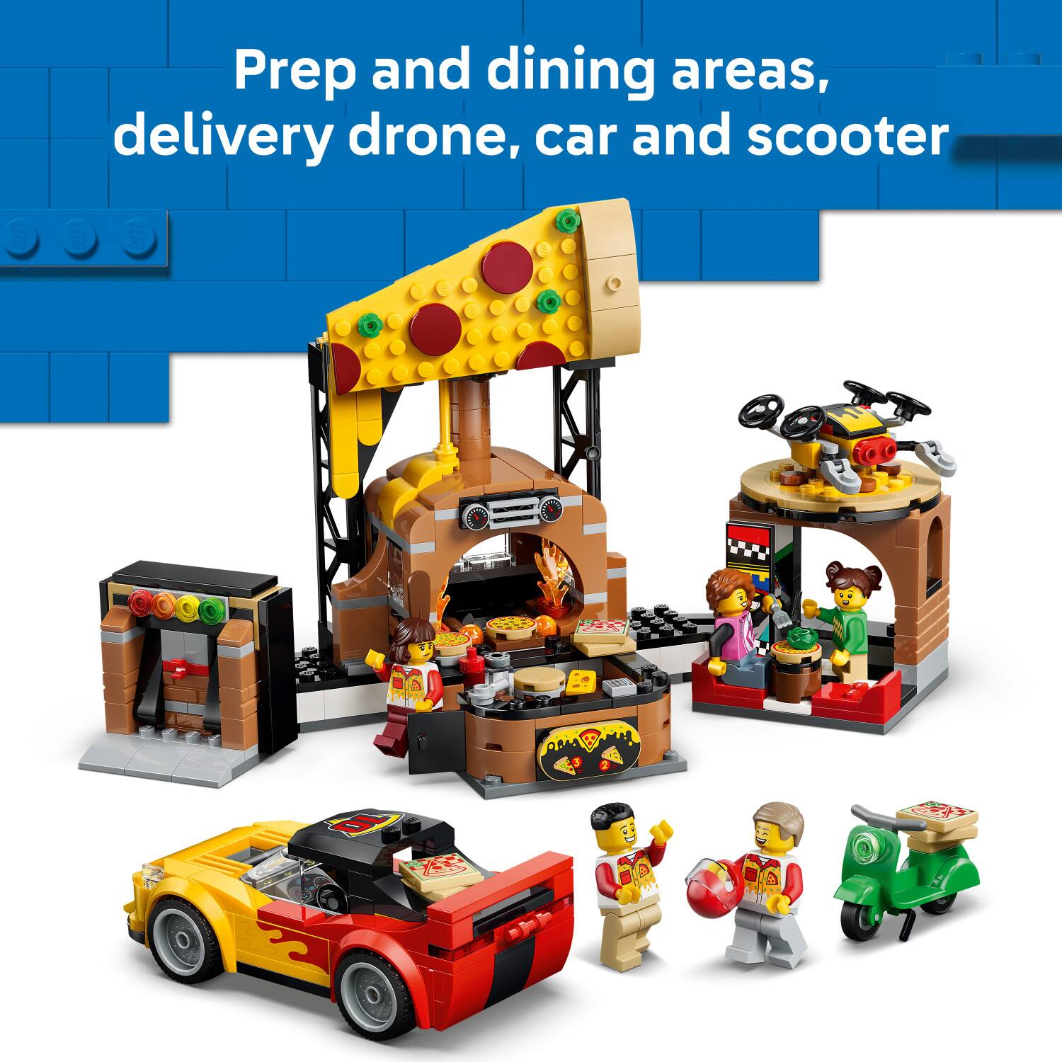 Prep and dining areas, delivery drone, car and scooter