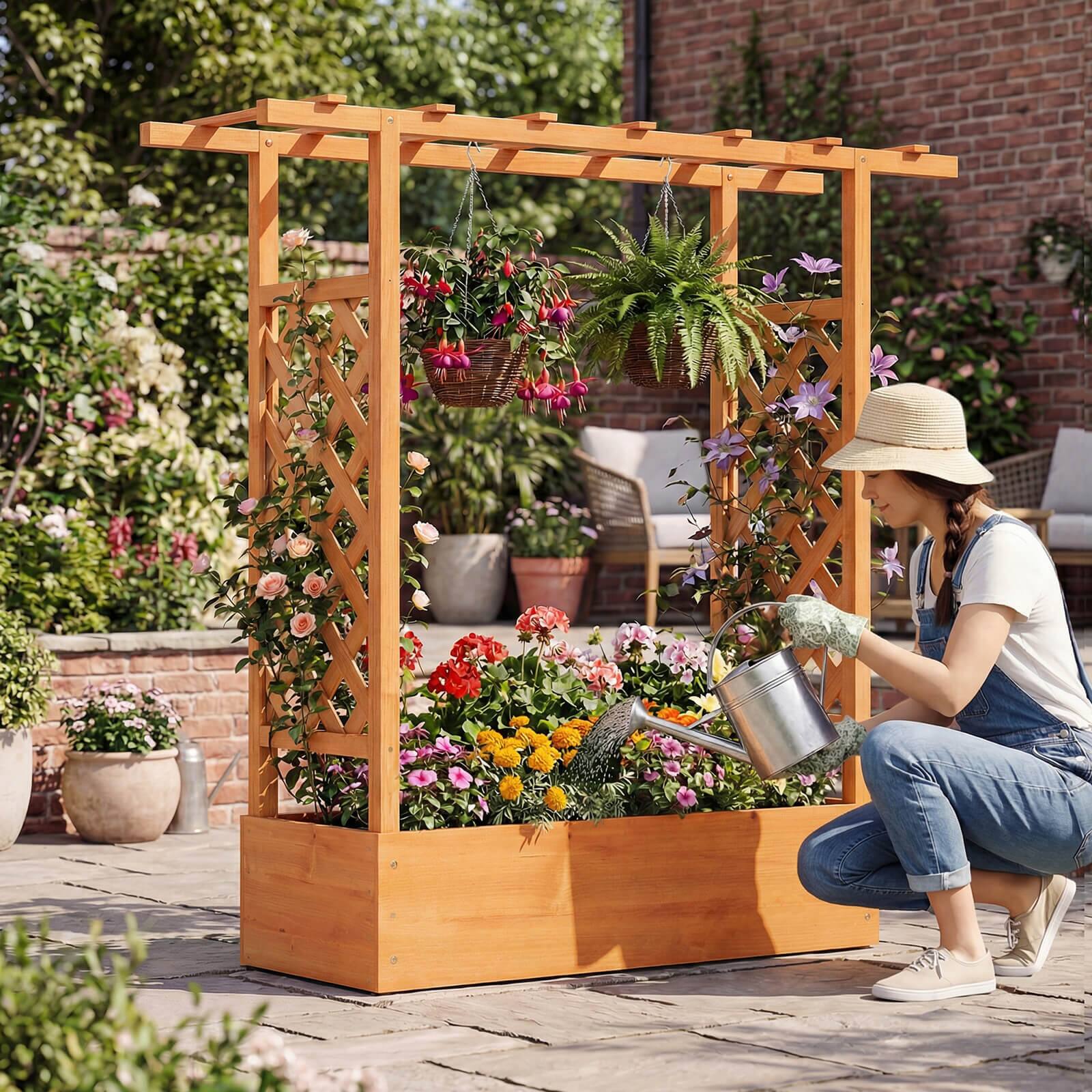Alt View 4. Costway - Costway 1 PCS Wooden Raised Garden Bed with Trellis & Hanging Roof, Drainage Holes for Plants - Orange.