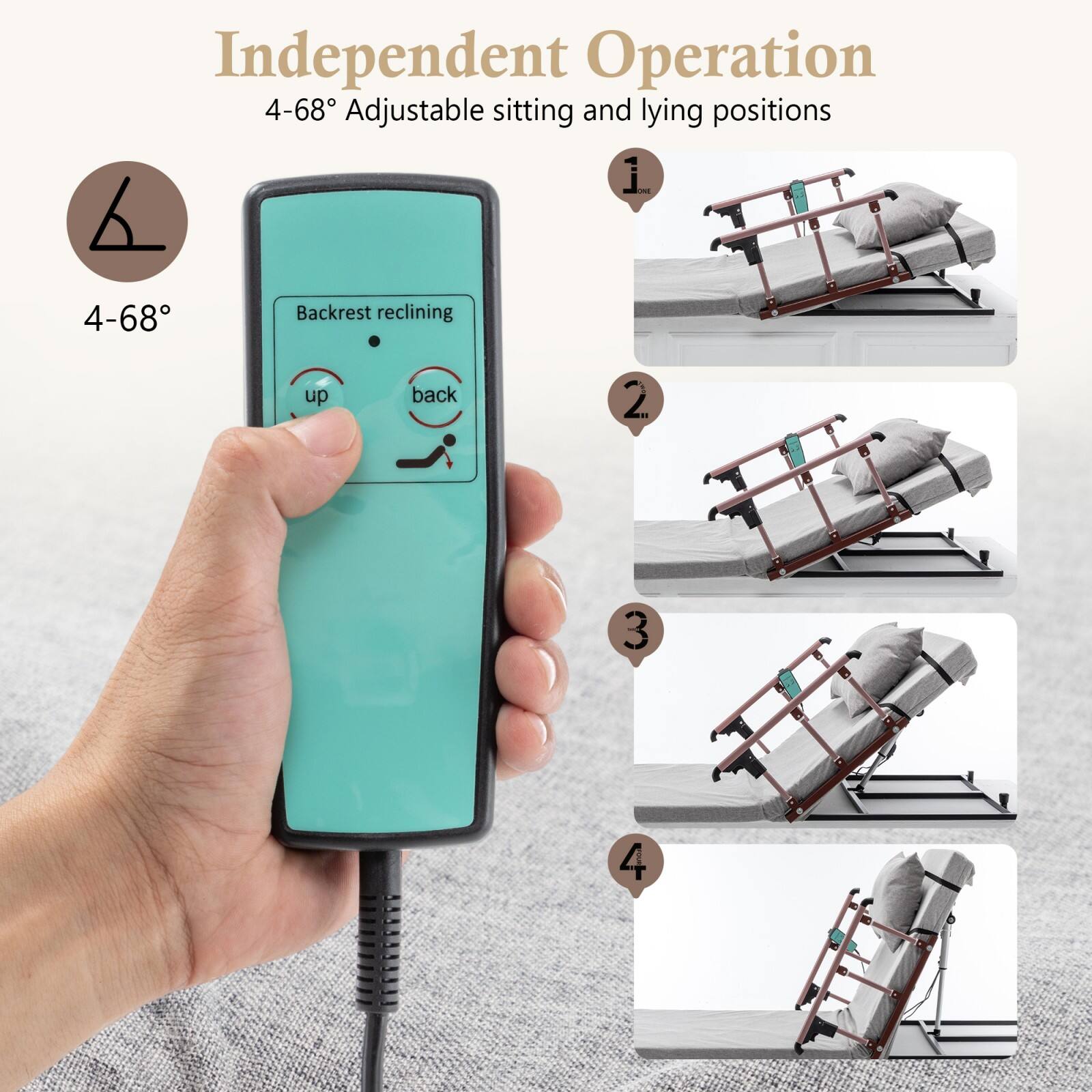 Independent Operation  
4-68° Adjustable sitting and lying positions  

1.  
2.  
3.  
4.  

4-68°  
Backrest reclining  
up  
back