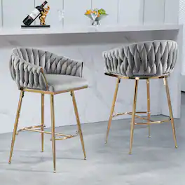 GOODSILO - Set of 2 Velvet Upholstered Bar Stools with Golden Chrome Base, Counter Height Stools for Kitchen Island or Bar Seating - Gray