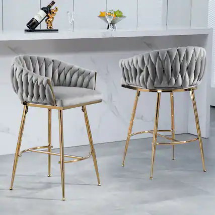 Front. GOODSILO - Set of 2 Velvet Upholstered Bar Stools with Golden Chrome Base, Counter Height Stools for Kitchen Island or Bar Seating - Grey.