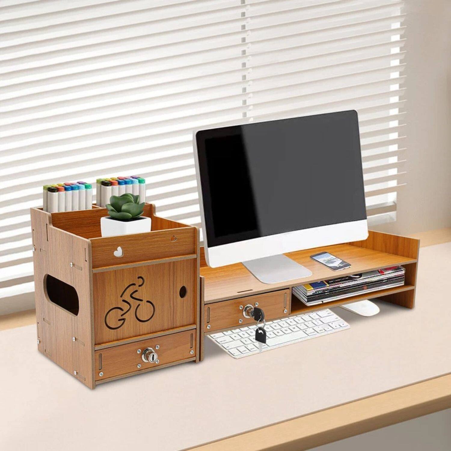 Angle. Stock Preferred - Minimalism Classy Wood Monitor Stand Riser with Side Organizer for Desk - Wood Color.