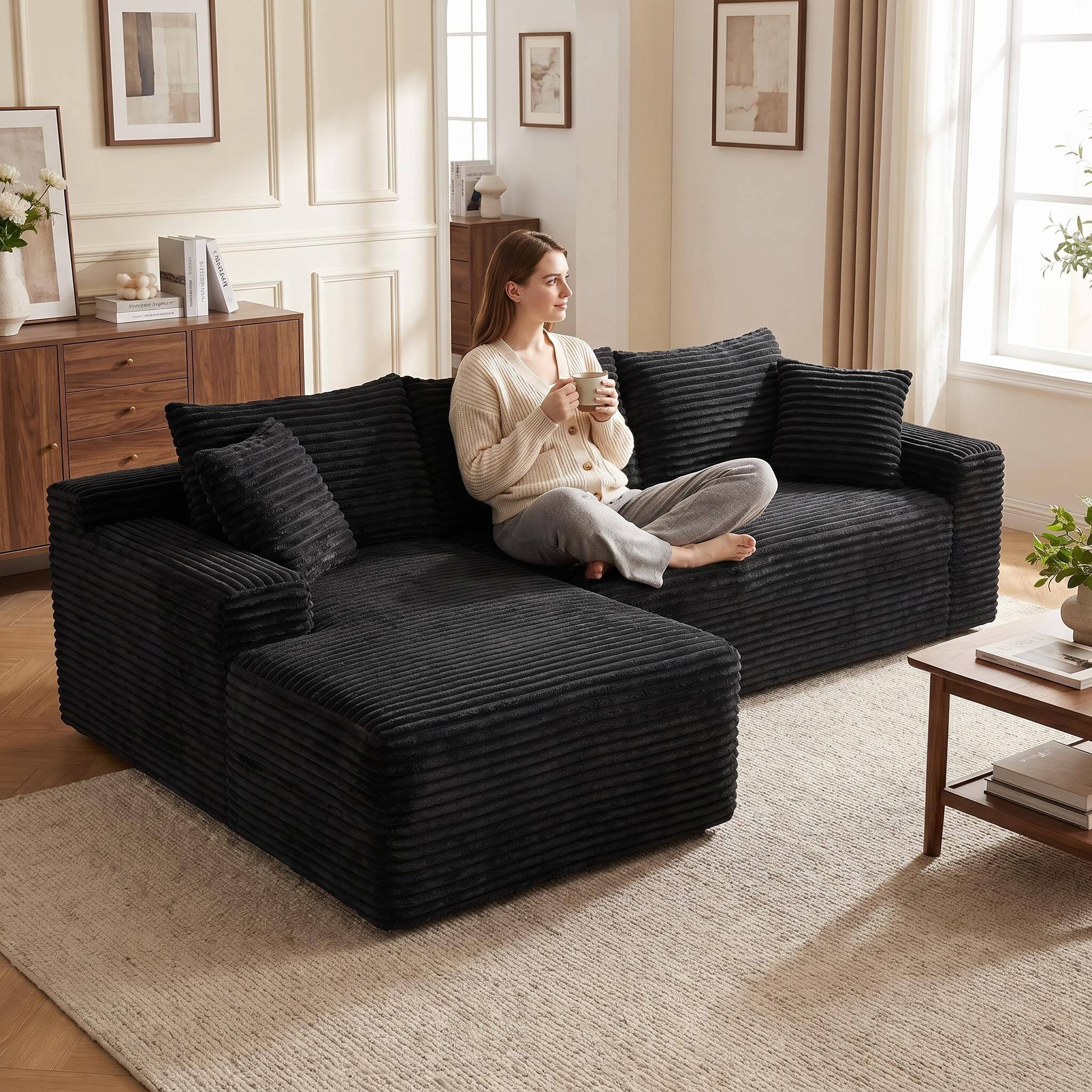 Alt View 6. Meqiodas - 109'' Modern Boneless Sofa Couch, Corduroy Modular Sectional Sofa With L-Shape Chaise, No Assembly Required - Black.
