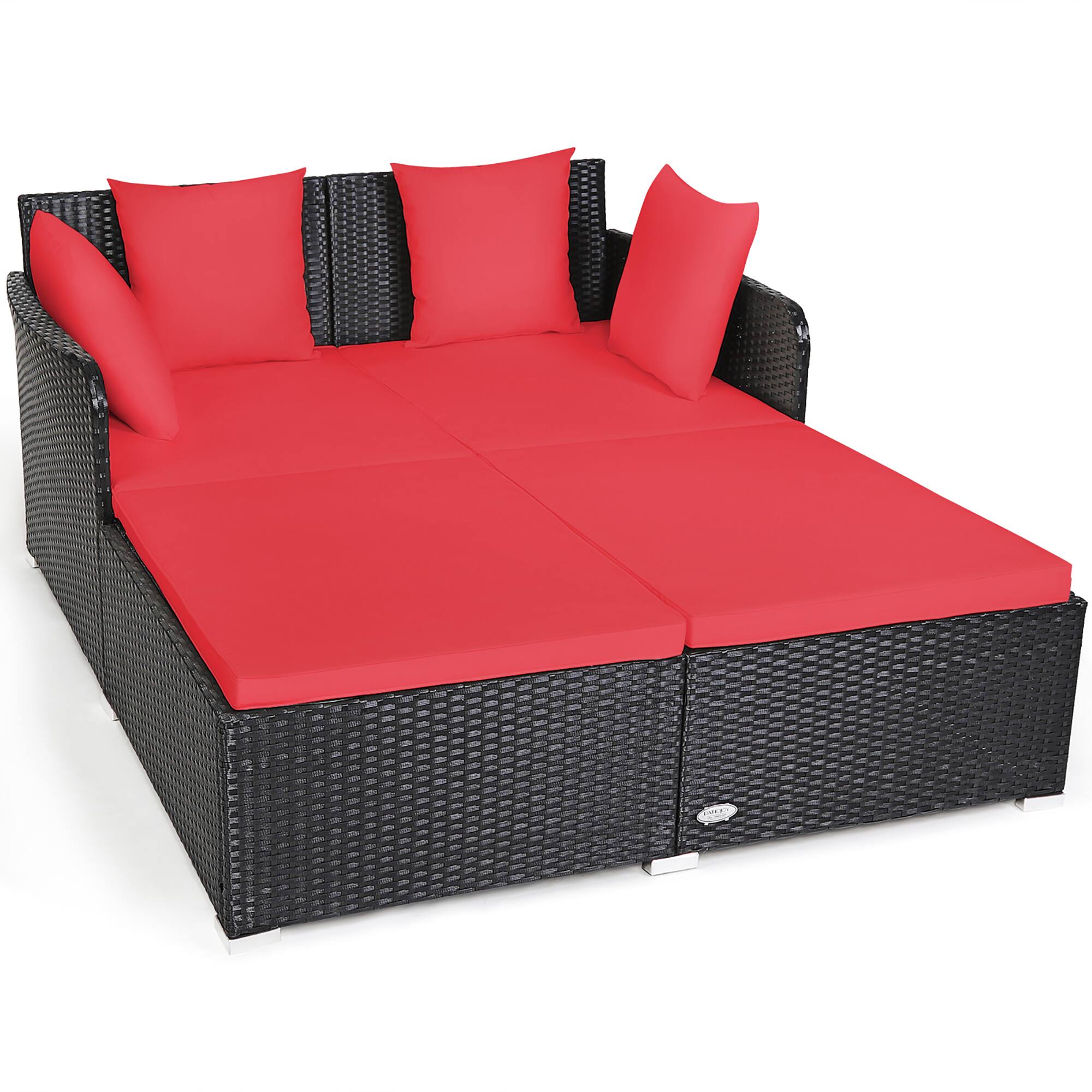 Angle. Costway - Outdoor Patio Rattan Daybed Pillows Cushioned Sofa Furniture - Red.