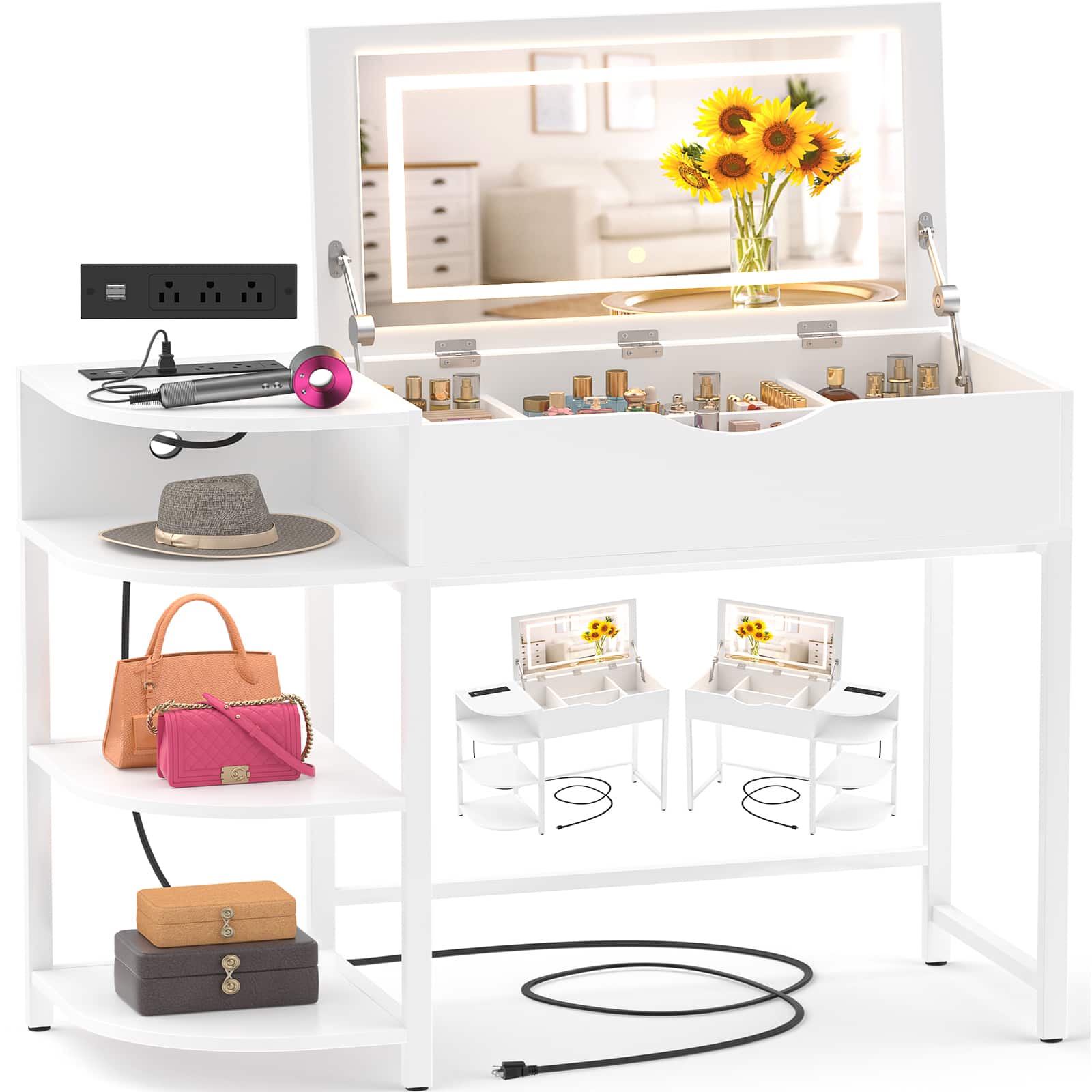 Aheaplus - 2-in-1 Makeup Vanity Desk with Flip Top Mirror and Lights - White