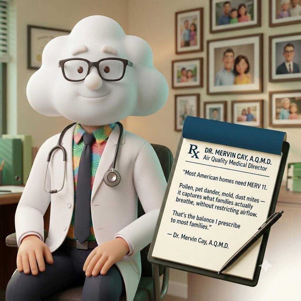 RX DR. MERVIN CAY, A.Q.M.D.  
Air Quality Medical Director  
"Most American homes need MERV 11. It captures pollen, pet dander, mold, dust mites — what families actually breathe, without restricting airflow. That's the balance I prescribe to most families."  
— Dr. Mervin Cay, A.Q.M.D.